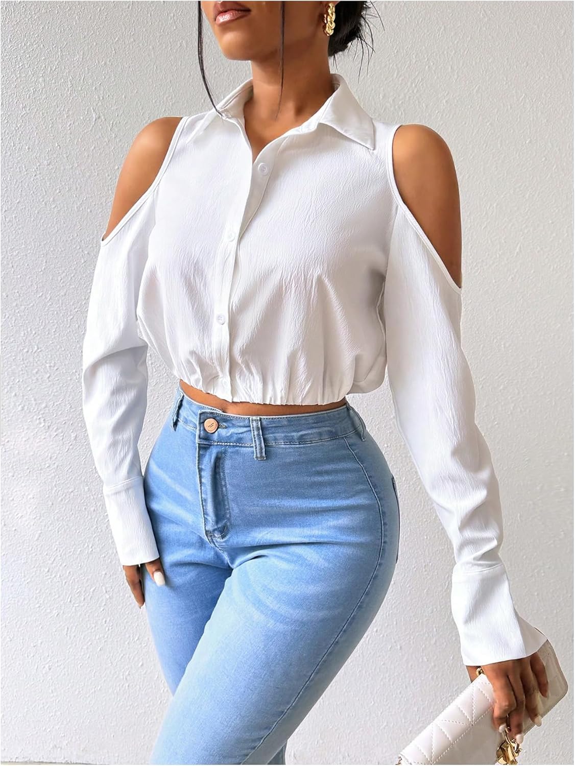 SweatyRocks Women's Cold Shoulder Long Sleeve Button Down Collared Cropped Blouses