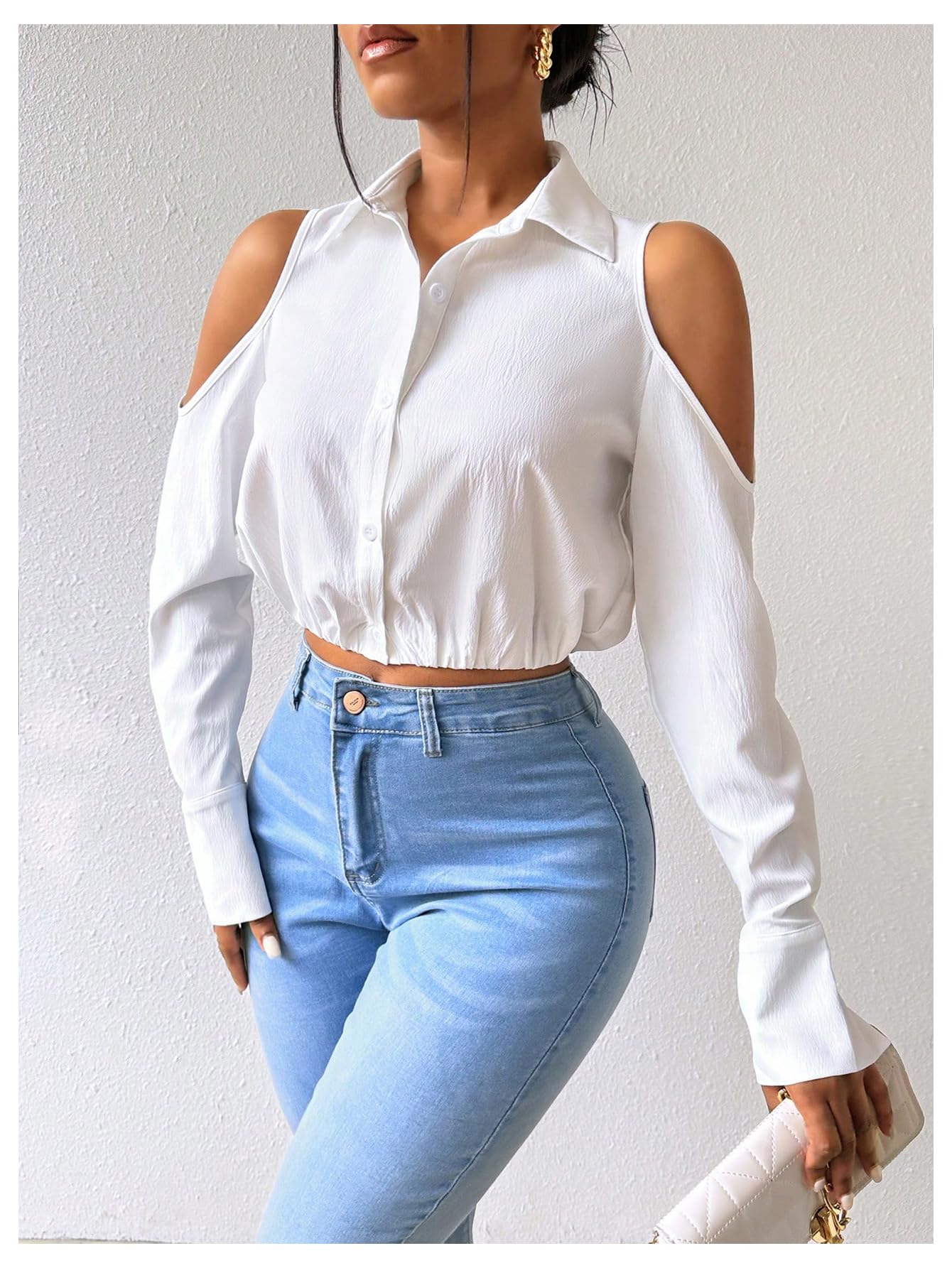 SweatyRocks Women's Cold Shoulder Long Sleeve Button Down Collared Cropped Blouses