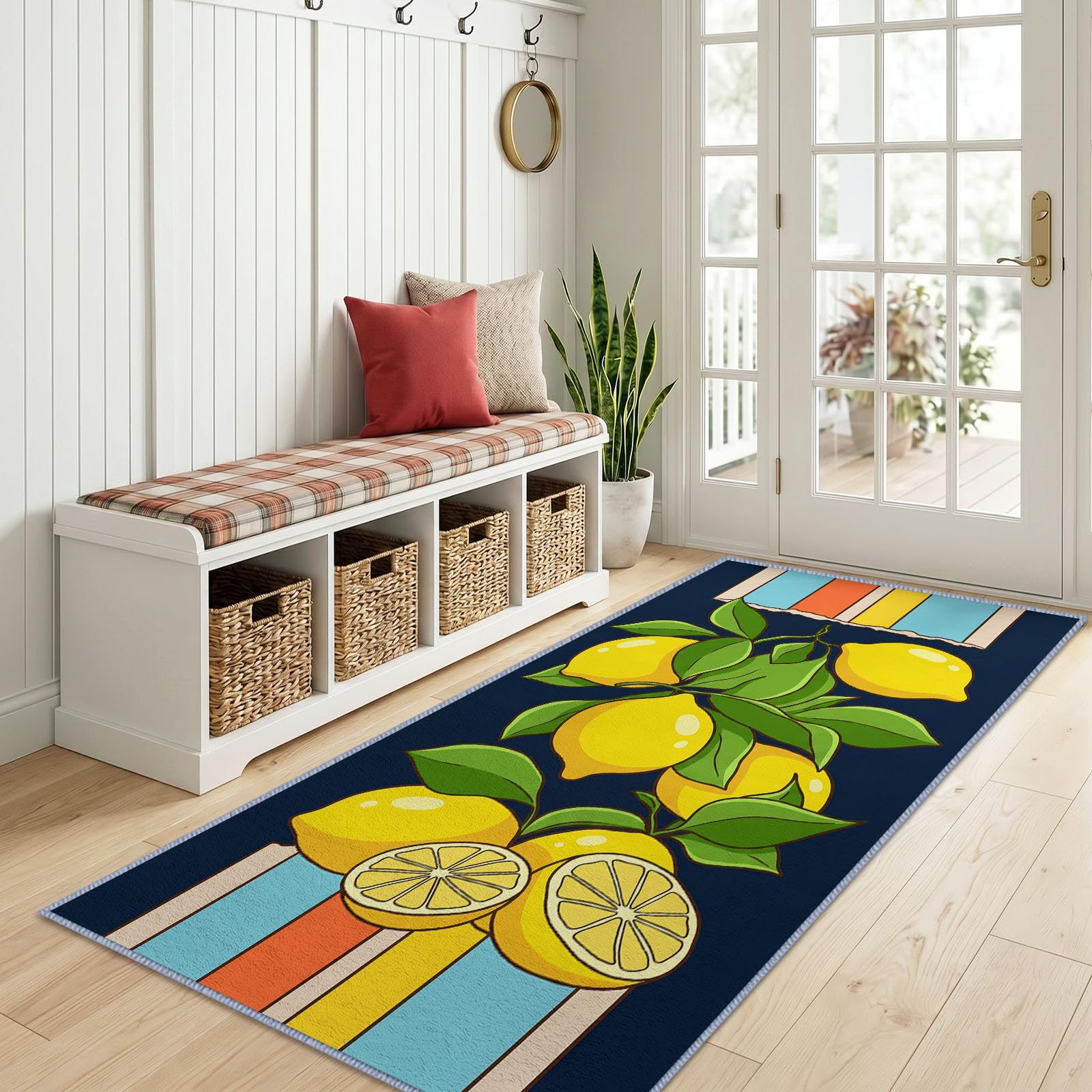 Tappeto con piante rustiche, frutti, limone, foglie verdi, 80 x 200 cm