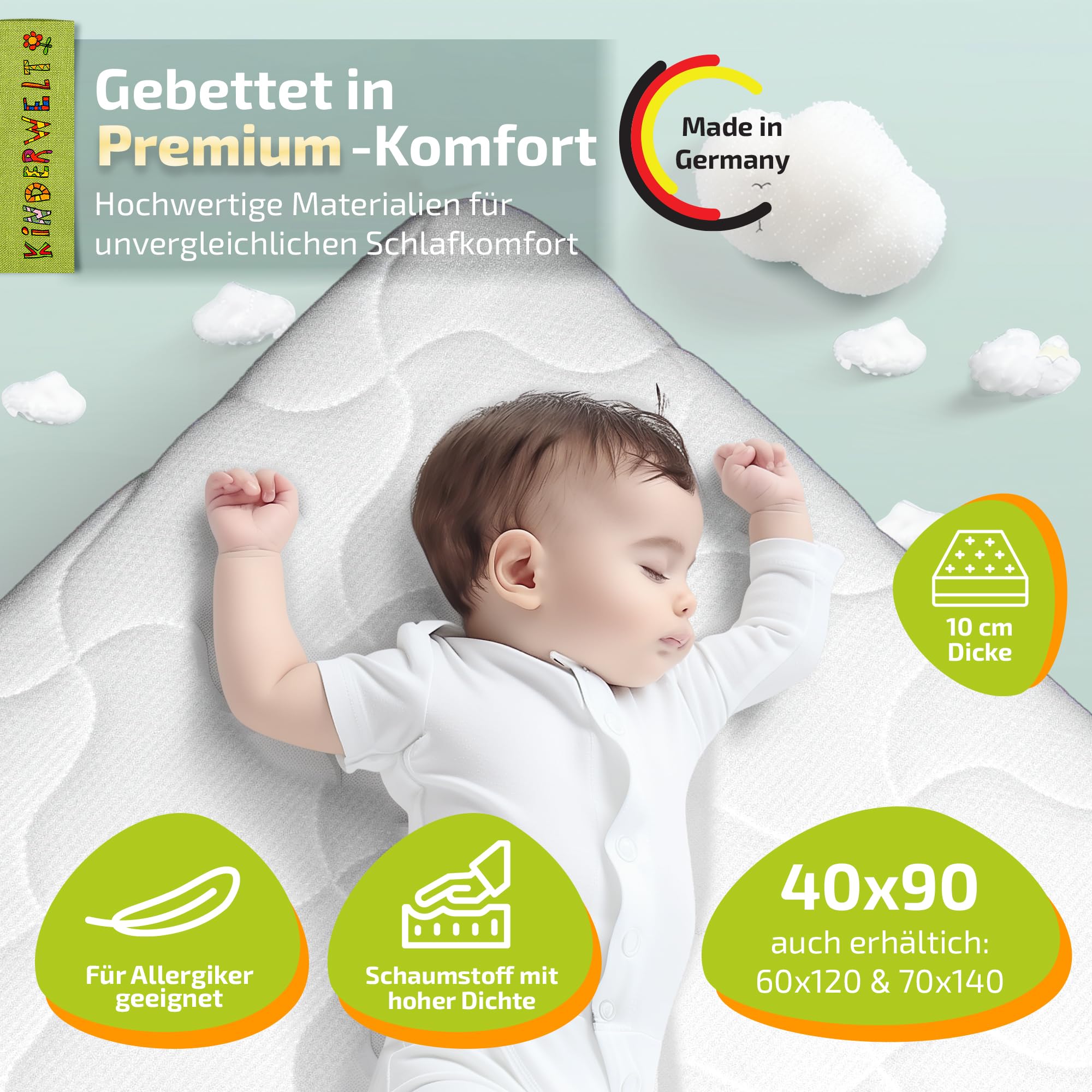 KiNDERWELT Babymatratze 40x90x10 cm, Schaumkernmatratze Komfortbezug gesteppt, Matratze für Kinderbett, Schaumstoffmatratze Kinder, Made in Germany