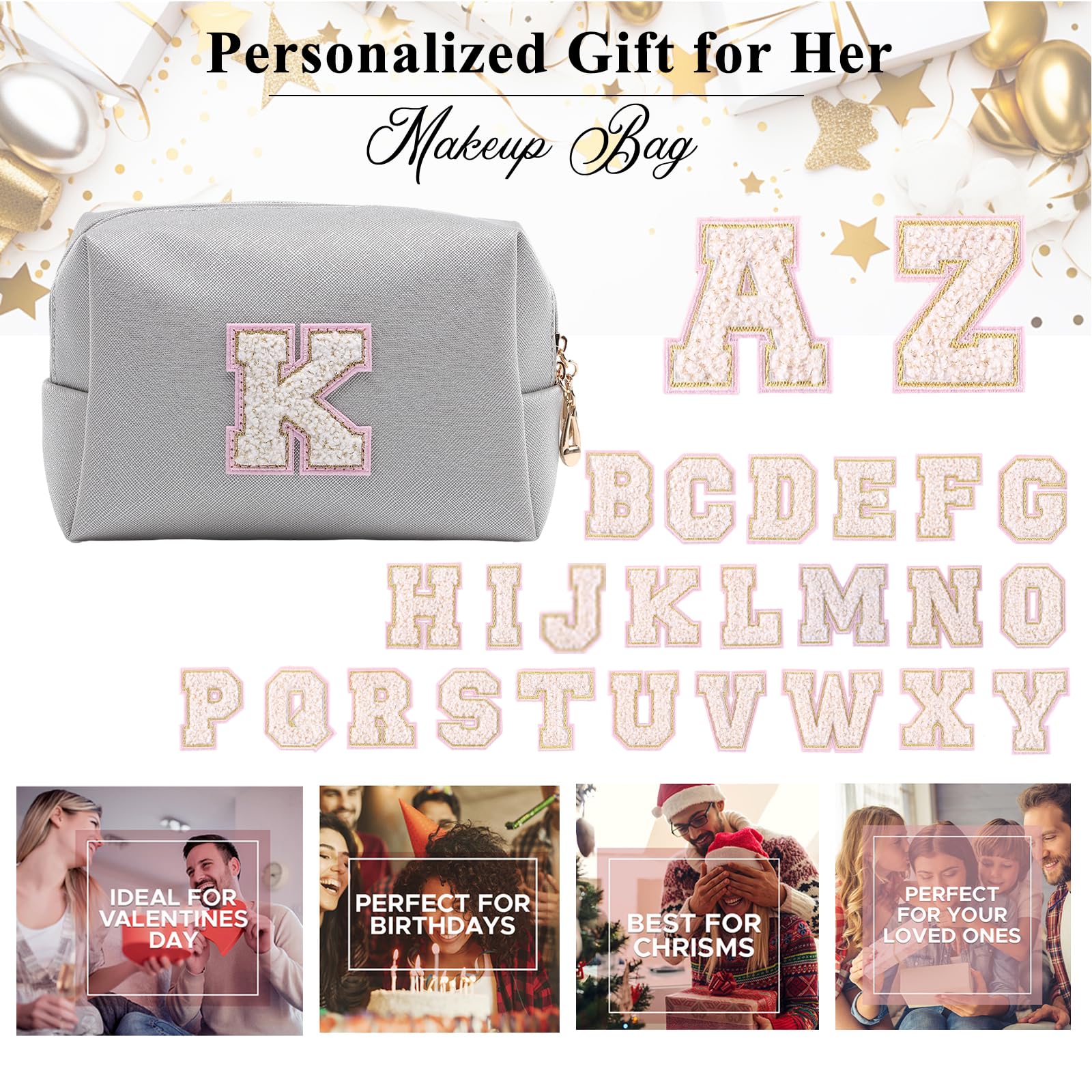Personalized Makeup Bag,Waterproof Travel Makeup Pouch Cosmetic Bag Birthday Gift for Women Mom，Bride Bridesmaid Cosmetic Bag A-Z — view 117