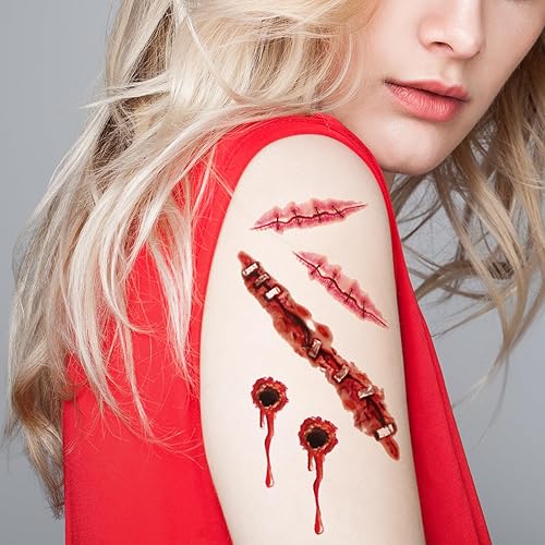 Miniatura 2 de Tatuajes temporales de Halloween, tatuajes falsos de cicatriz simulada, ojos de calavera de sangre, marcas de mordeduras, calcomanías de tatuaje, 10