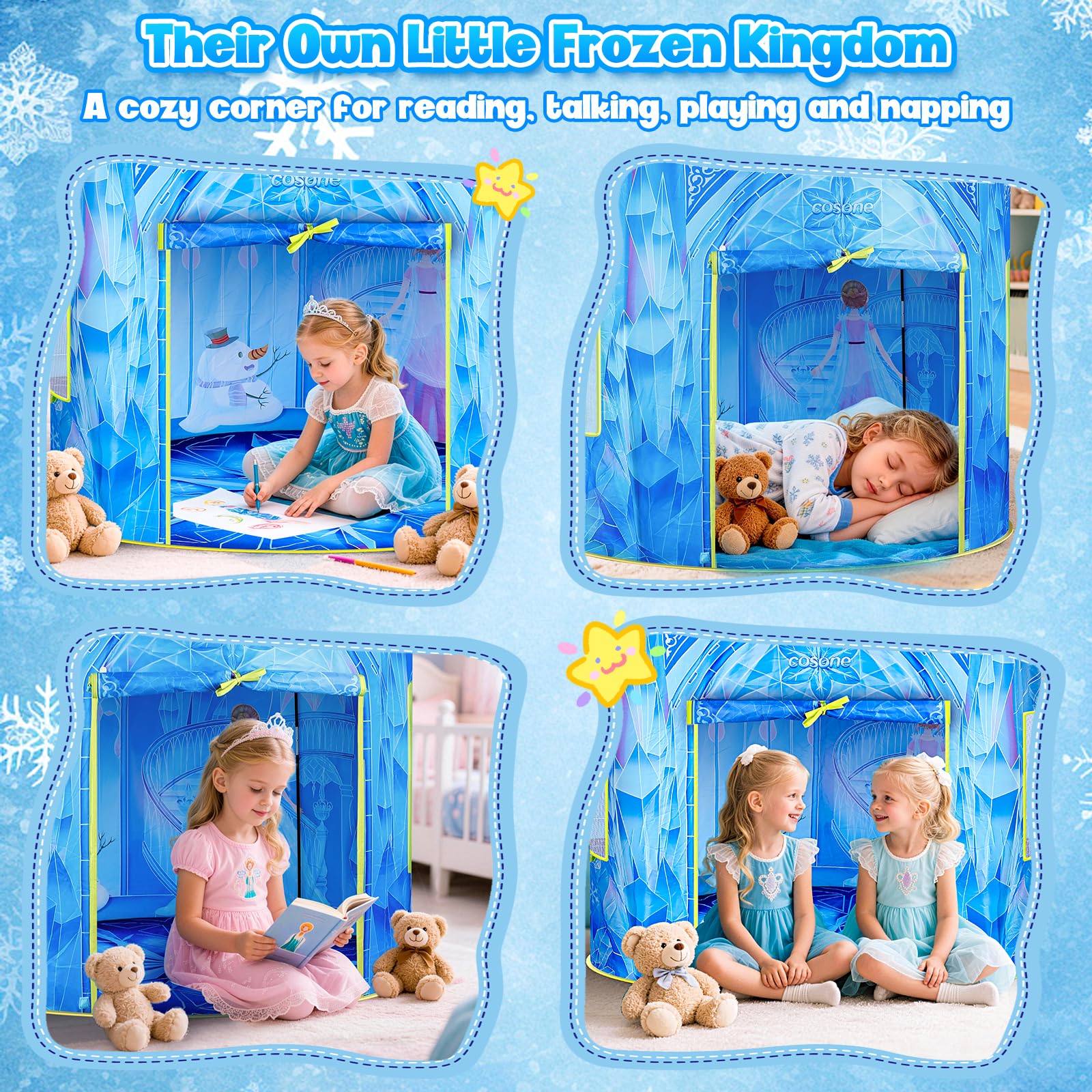 cosone Frozen Schloss-Zelt für Mädchen, Prinzessinnen-Spielzelt für drinnen und draußen Pop-Up Kinderzelt mit Tragetasche von 3-8 Jahren Weihnachts- und Geburtstagsgeschenk