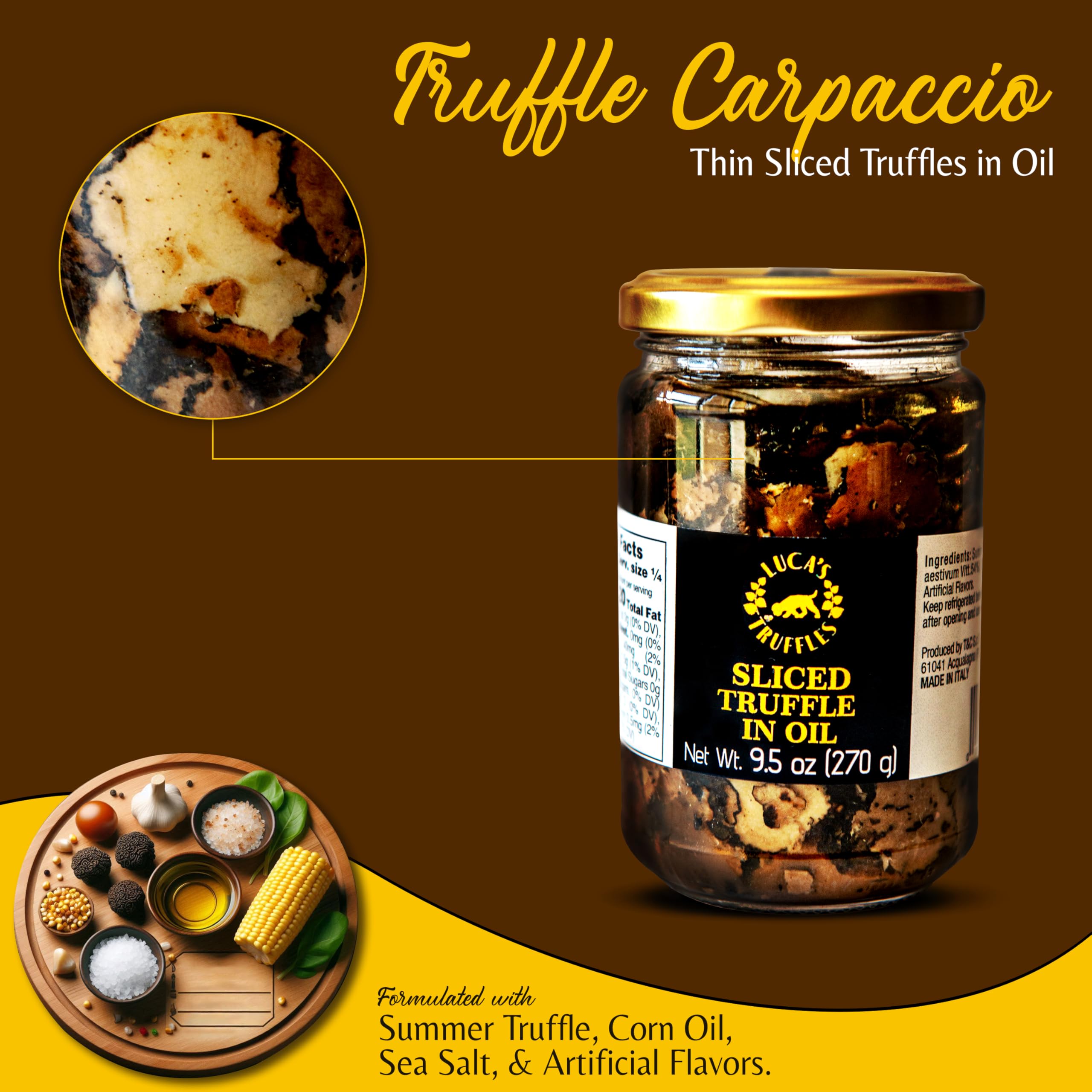 Luca’s Truffles 100% Italian Black Summer Truffle Carpaccio (270g) – Fresh Black Truffle Seasoning Slices Preserved in Extra Virgin Olive Oil & Salt – Gourmet Truffles for Meat, Fish, Pasta, or Salad Toppings