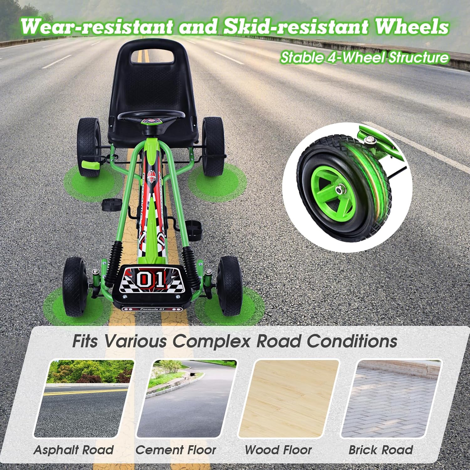 HOMGX Pedal Go Kart, Outdoor Kids Pedal Go Kart with Adjustable Bucket Seat, Steering Wheel, Rubber Wheels, Brake, Pedal Powered Ride On Kart for 3-5 Years Boys, Girls (Green)