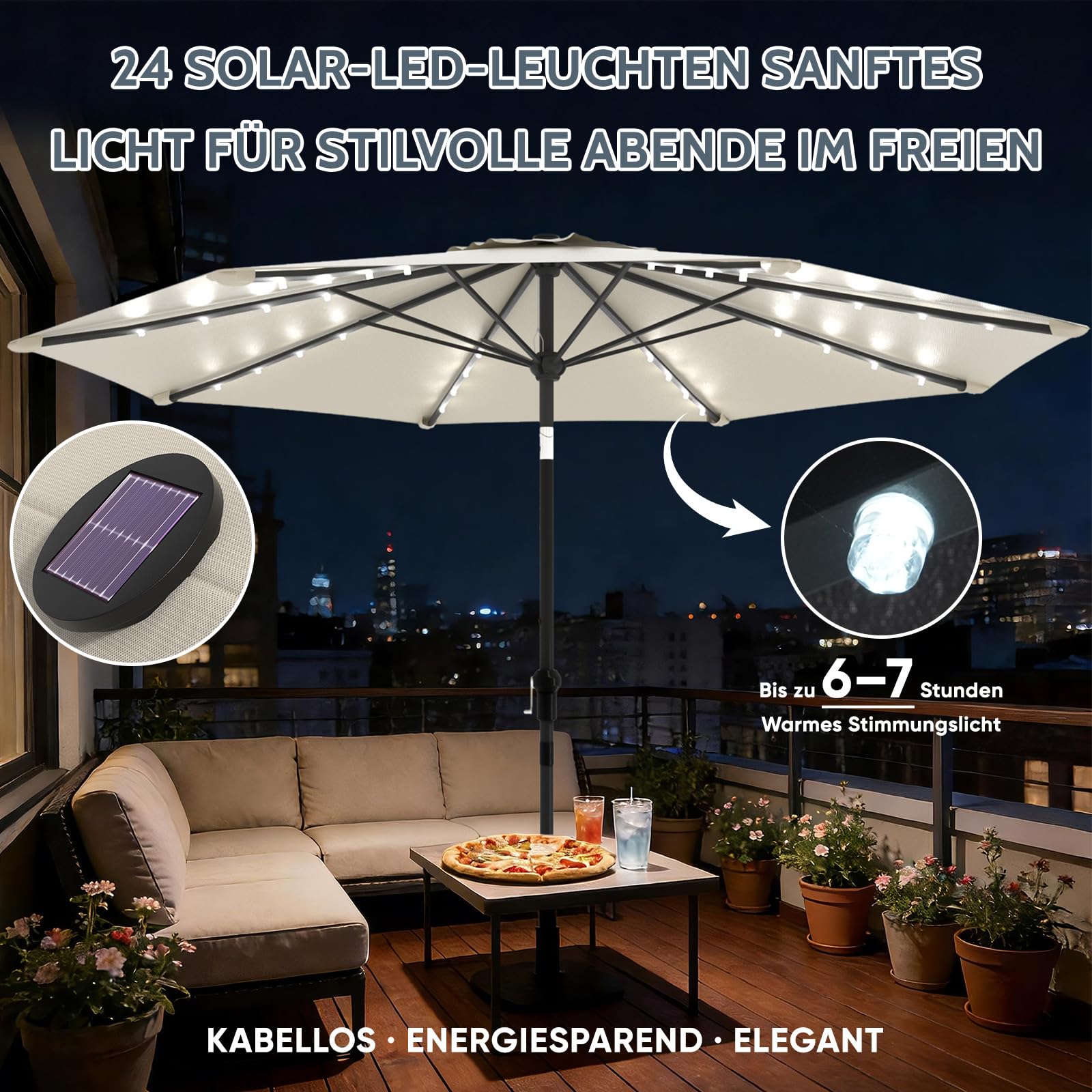 Huracan Sonnenschirm mit LED solar Ø300cm, Gartenschirm ohne Ständer, Balkonschirm Strandschirm UV-Schutz Polyester Wasserabweisend und Schmutzabweisend, Groß Marktschirm für Balkon Terrasse, Creme