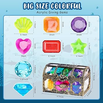 Diving Gem Pool Toys Set, 16 Pieces, with Pirate Treasure Chest, Colourful Diamond Dive Gems, for Kids and Toddlers, Underwater Swimming Training