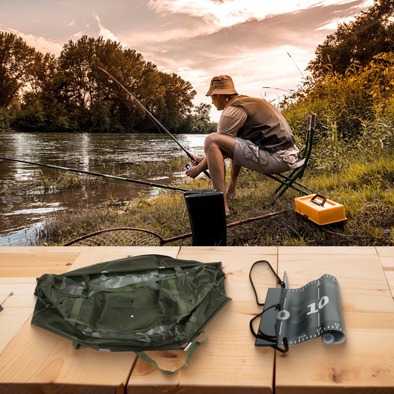 Sac de pesée robuste avec règle de mesure, sangle de pêche pliable et sac de transport pour pêche à la carpe, équipement d'extérieur portable pour une manipulation précise des prises