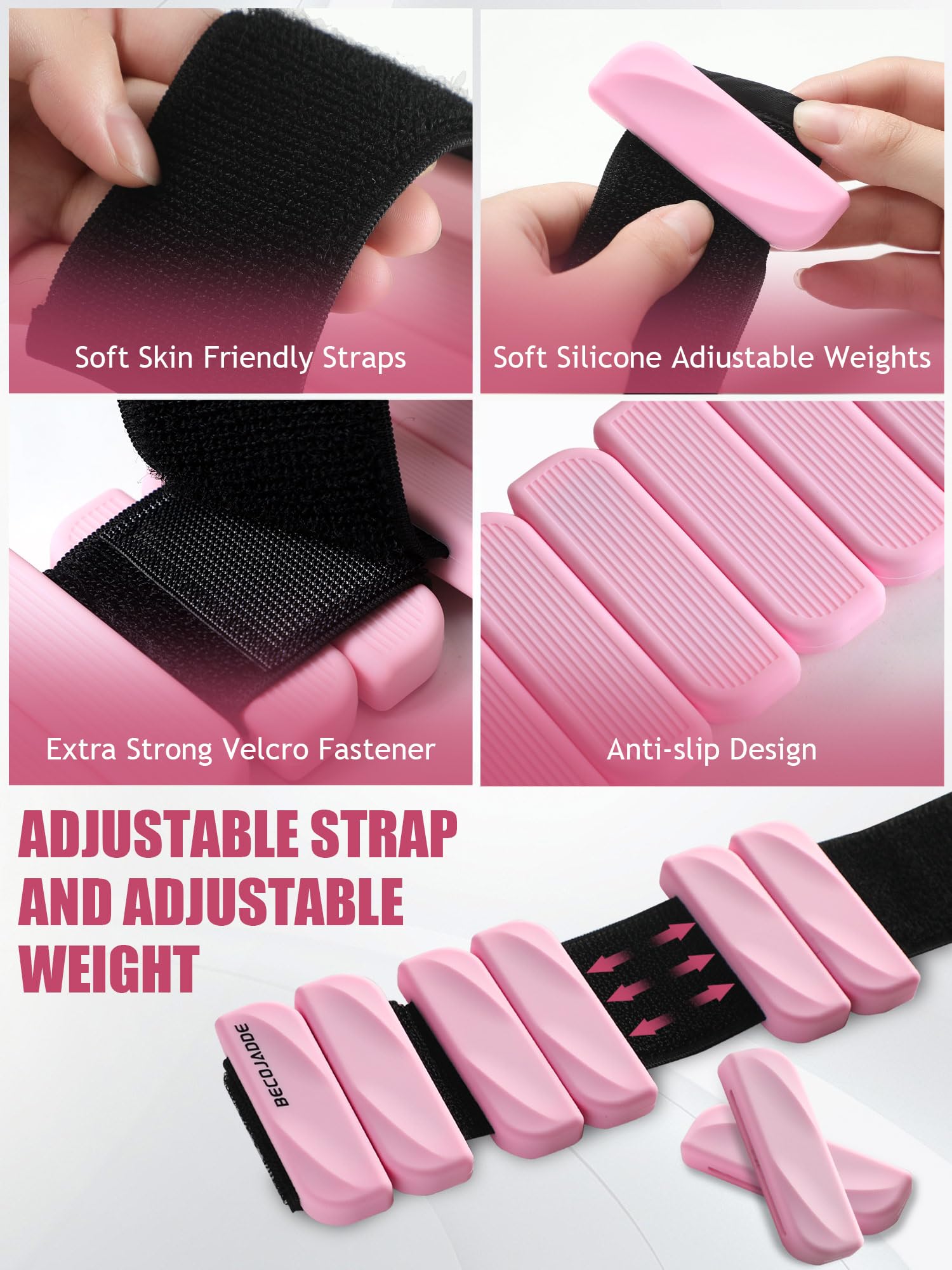 BECOJADDE Ankle Weights for Women Men Set of 2 (0.45 Kg Each) Adjustable Wrist Weights Bracelet for Home Gym Weighted Wristbands Leg Arm Weights for Walking Swimming Running Pilates Yoga Pink - Image 4