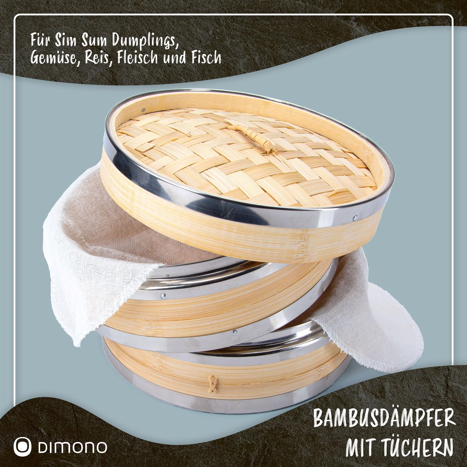 Dimono Bamboo Steamer with Stainless Steel, 2 Tiers Bamboo Steamer with Lid - Image 2