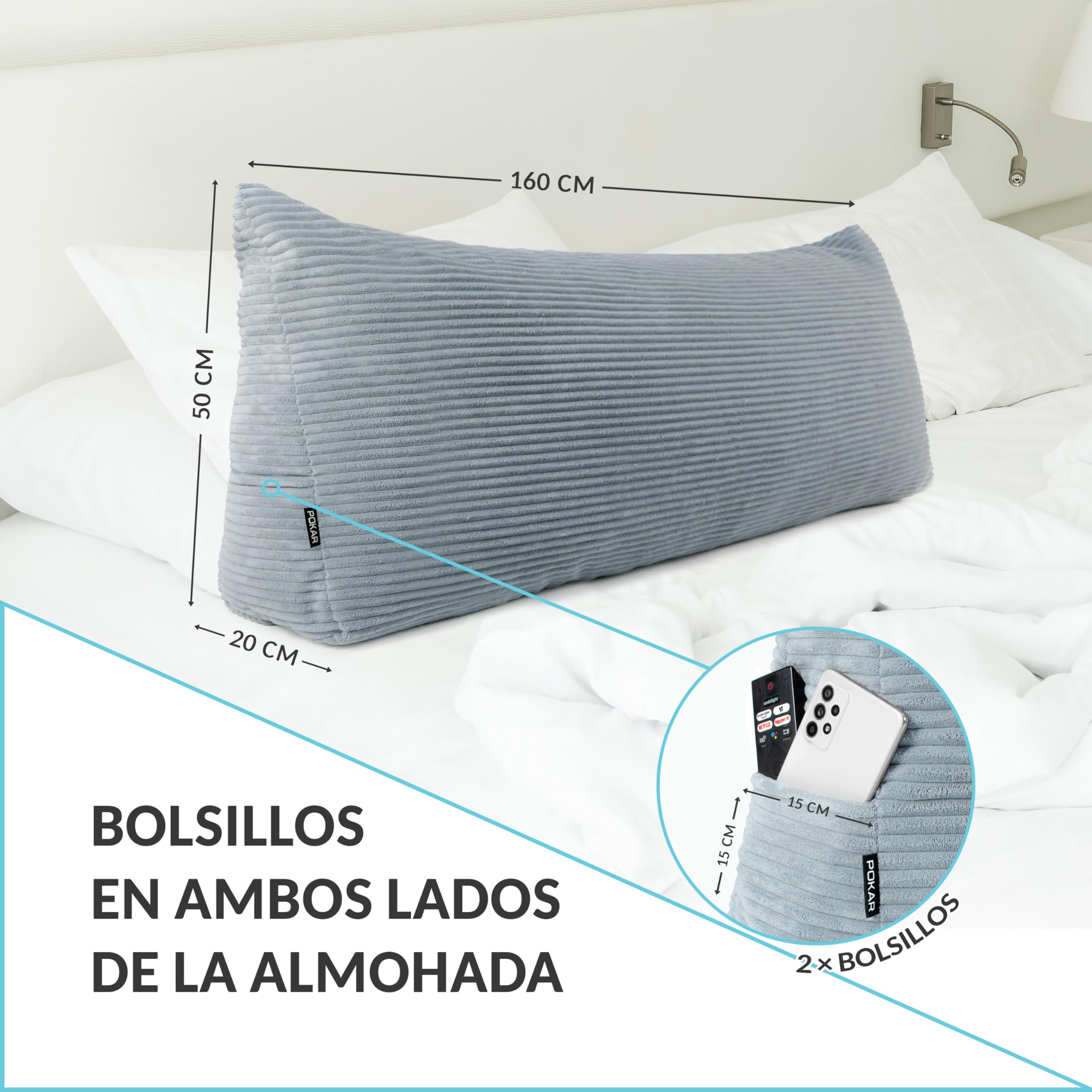 POKAR Almohada Lectura Cuña 160x50x20 cm | Cojín Respaldo para Cama y Sofá con Apoyo Espalda | Cojín Lumbar con Funda de Pana Suave y Bolsillos Laterales | Certificado Öko Tex | Caqui