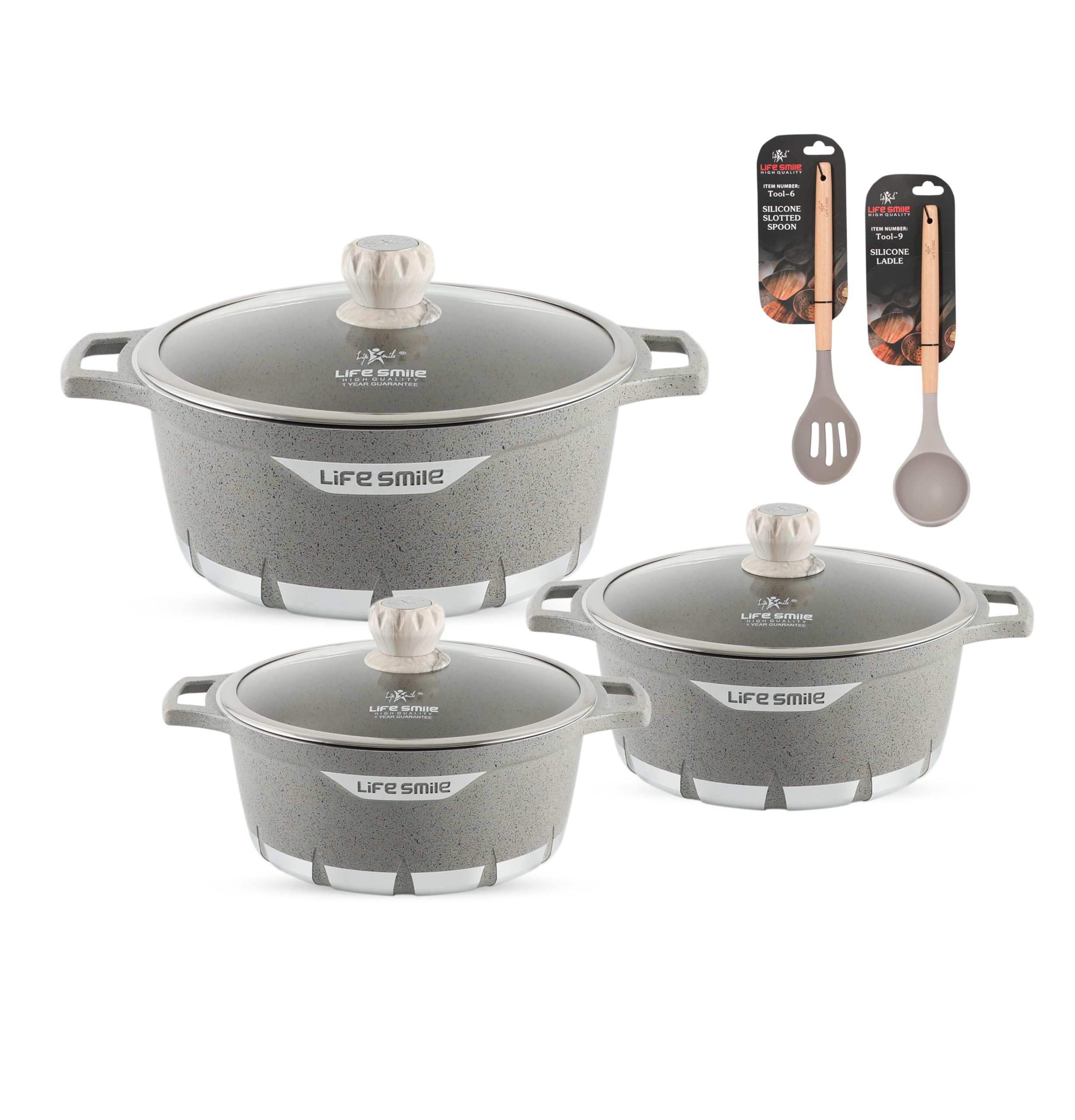 LIFE SMILE Cookware Set Granite Stone - Pots set Multi Layer Granite Non Stick Coating Cookware Sets 100% PFOA FREE, Kitchenware Cooking Sets (Grey (20/24/28CM))