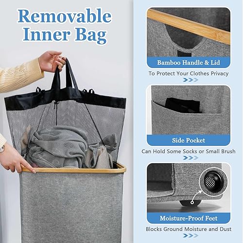 Miniatura 5 de Ranslen Laundry Basket with Lid, 110L XXL-Large Laundry Hamper, Collapsible Dirty Clothes Hamper with Bamboo Handles and Removable Bag, Tall