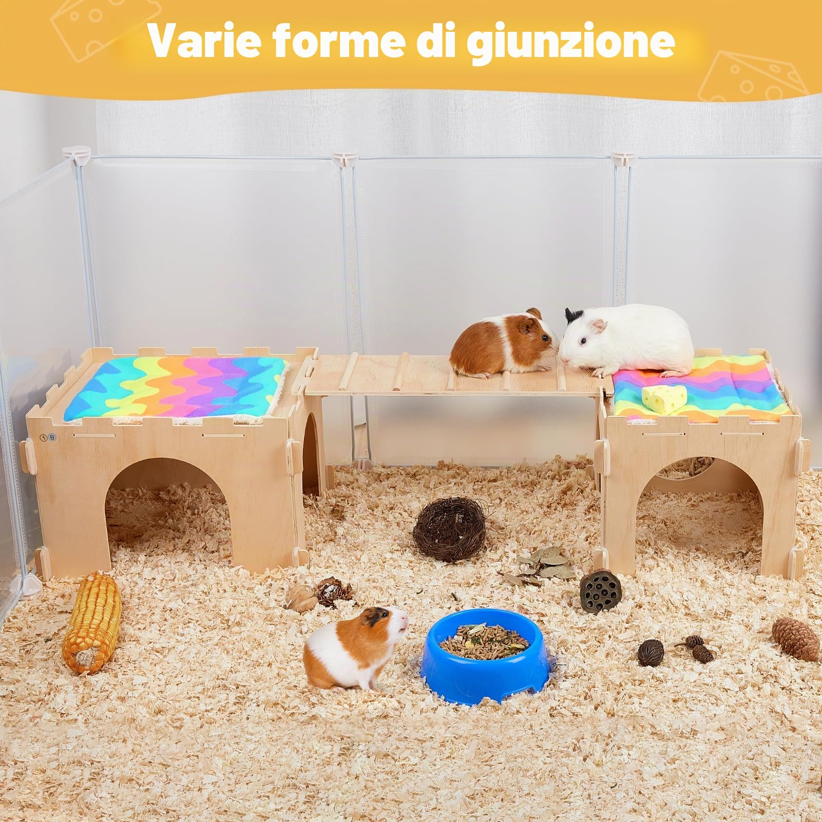 Casetta in Legno per Porcellini d’India, Casa Rifugio per Cavie con Rampa, Porte e Finestre Multiple, Accessorio Gabbia e Arredamento per Piccoli Animali