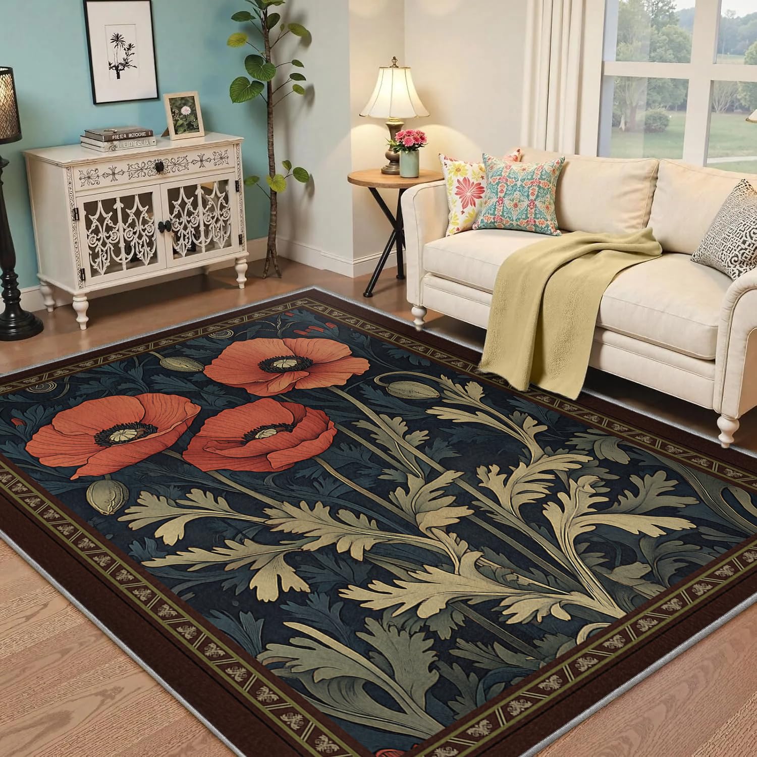 Zmywalny dywan 120 x 150 dywaniki do sypialni antypoślizgowe rośliny retro kuchnia ultra miękki nadruk czerwone kwiaty odporne na plamy niskie włosie wejście salon pralnia w