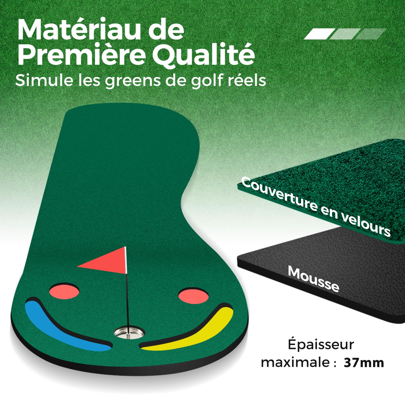 GOPLUS Tapis de Putting Entraînement Golf, Tapis Golf en Intérieur et Extérieur avec 1 Drapeau, 3 Gobelets de Putting, Tapis de Putting pour Enfants et Adultes 300 x 96 cm