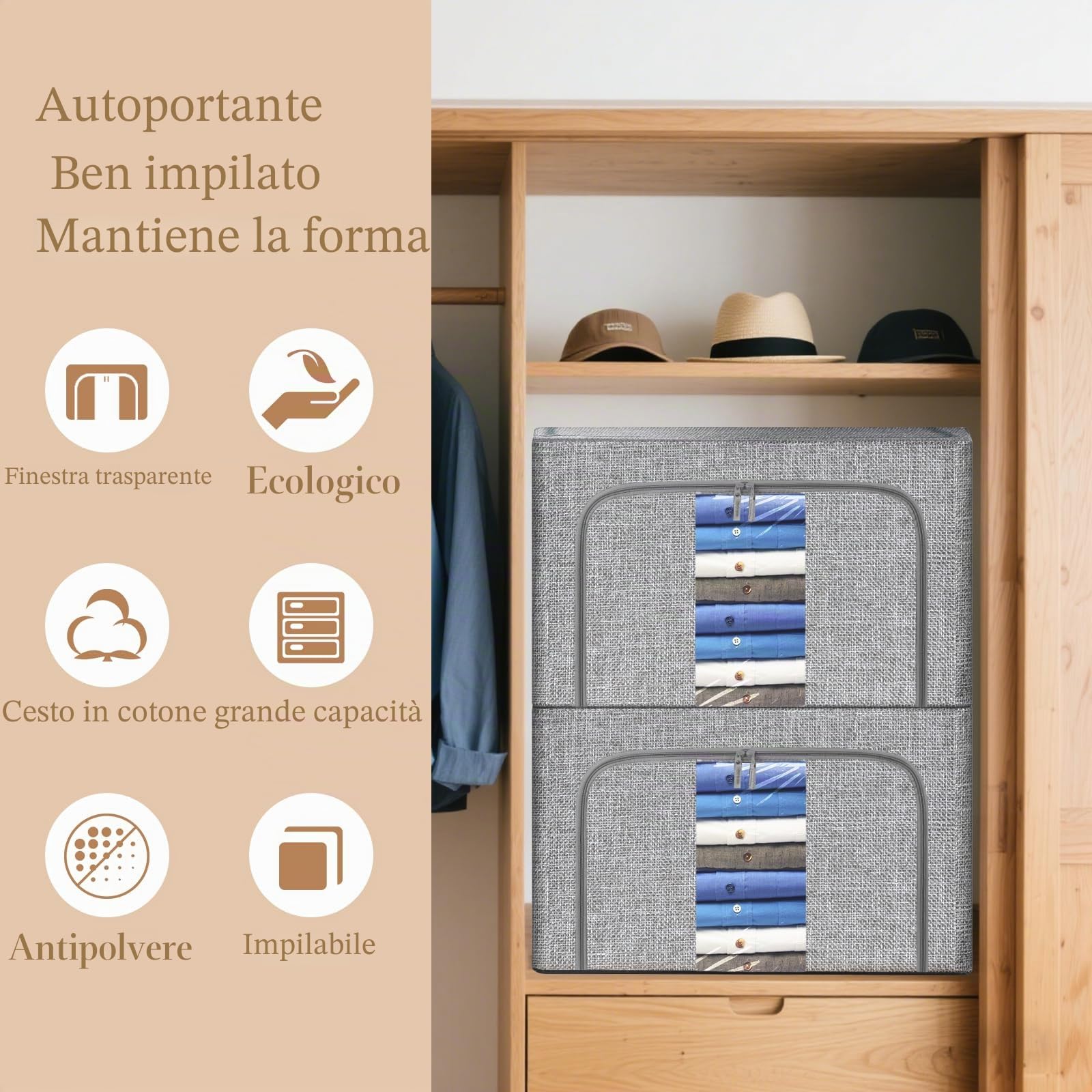 Scatole Rigide per Armadio XXL 2 Pezzi (24L/66L/100L) con Rinforzi Metallici - Organizer Salvaspazio, Contenitori Impilabili per Vestiti e Accessori