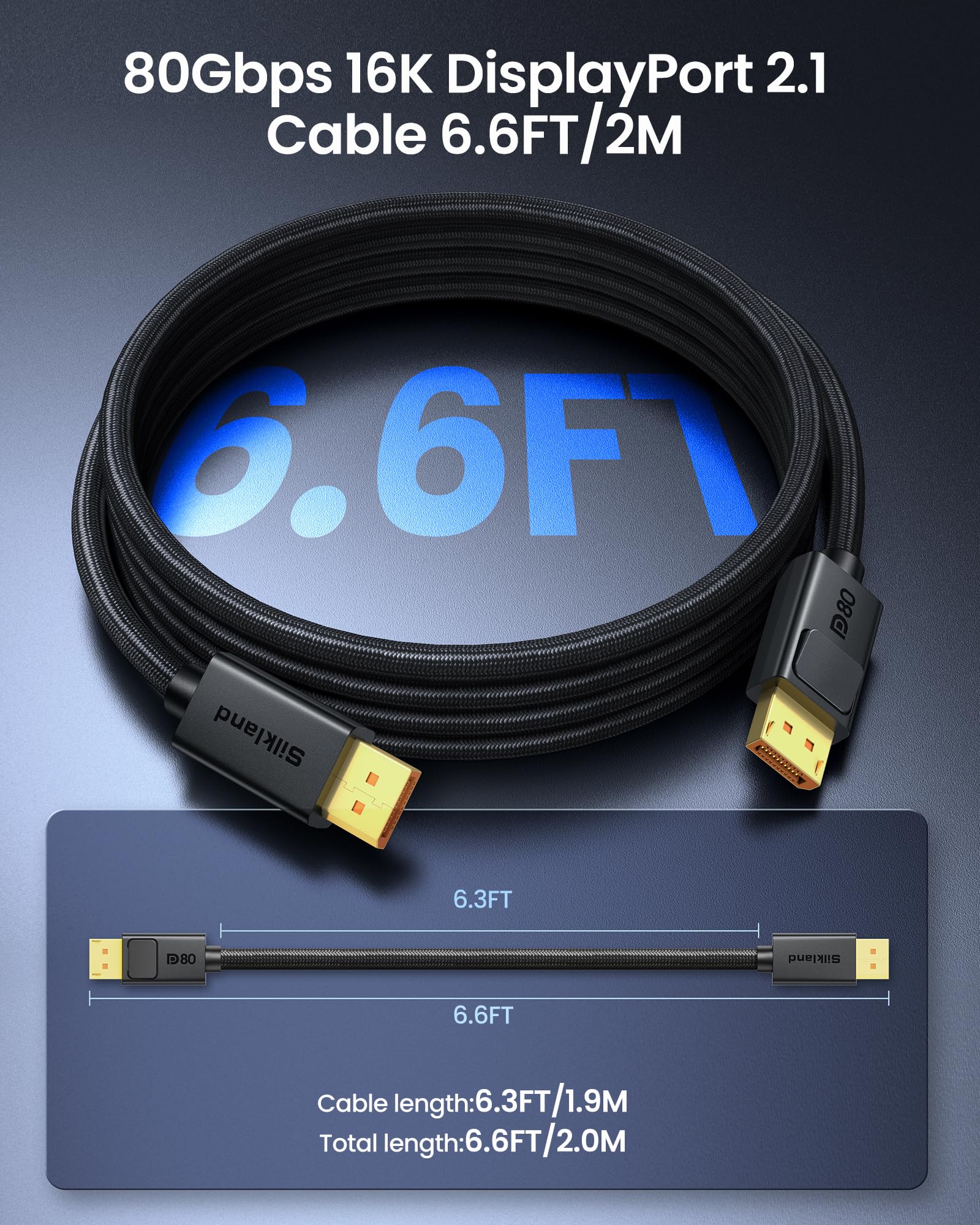 Silkland Cavo DisplayPort 80Gbps 2.1 2m, [Certificato VESA, Chiusura di Sicurezza], [16K@60Hz, 8K@240Hz, 4K@480Hz 240Hz], DP80 HDR DSC1.2a per monitor da gioco FreeSync G-Sync 5090 7900XTX