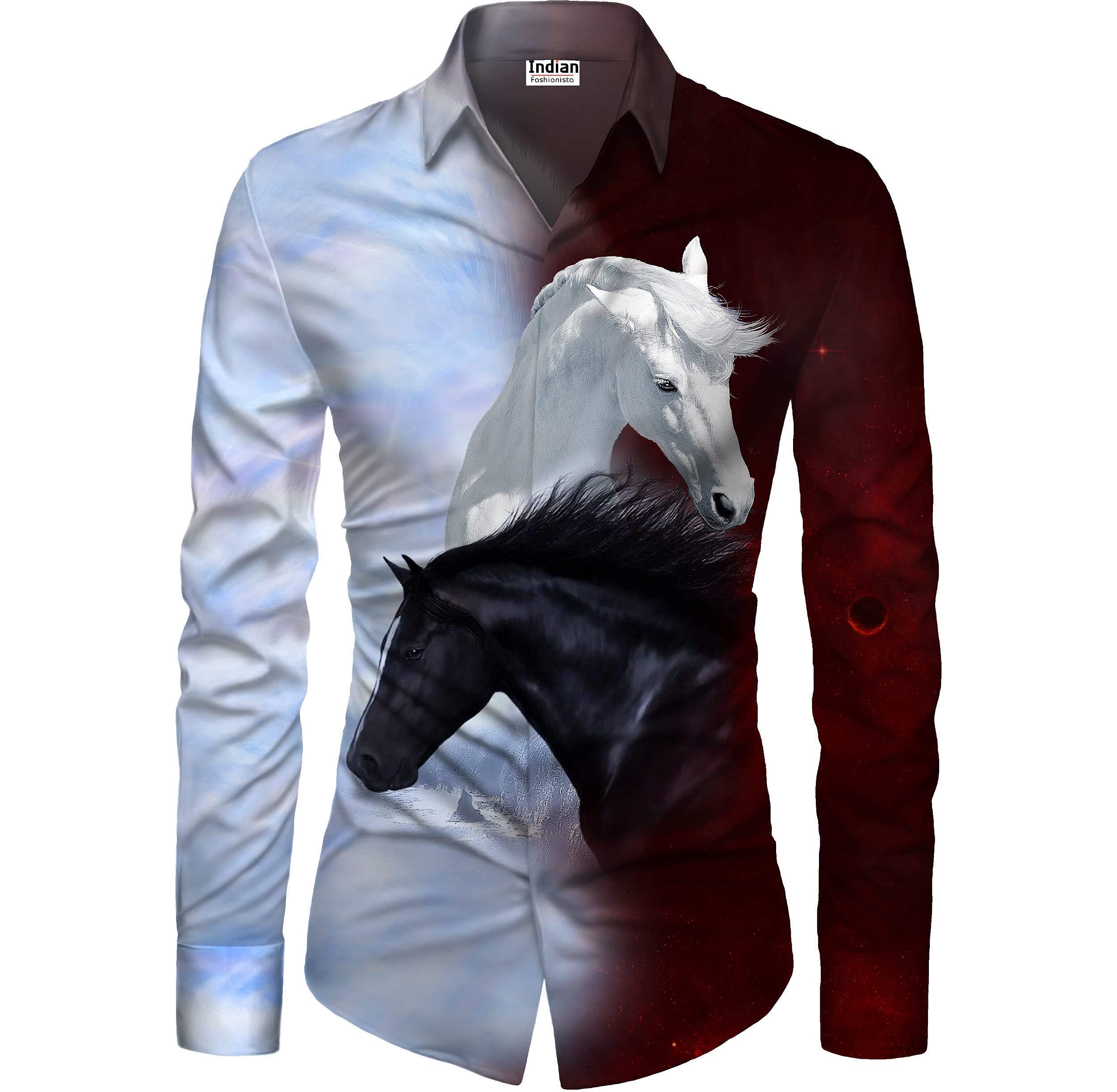 Indian FashionistaMen's Rayon Printed Unstitched Shirt Fabric (Horse_Sky Blue)