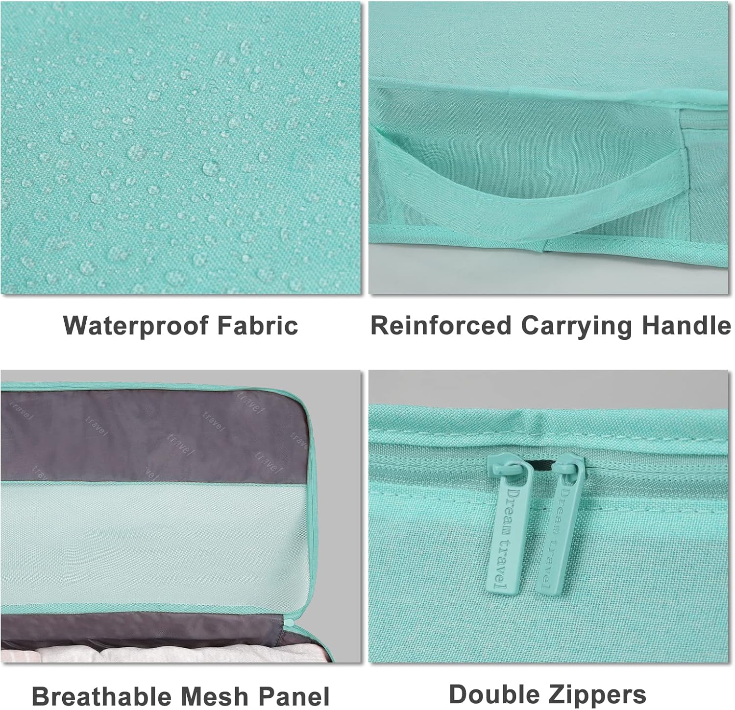 Surblue Travel Packing Cubs for Luggage Suitcase Organizer Clothing 7 Set with Two-way Zippers and Belts Travel Accessories for Clothes, Shoes, Bra, Green