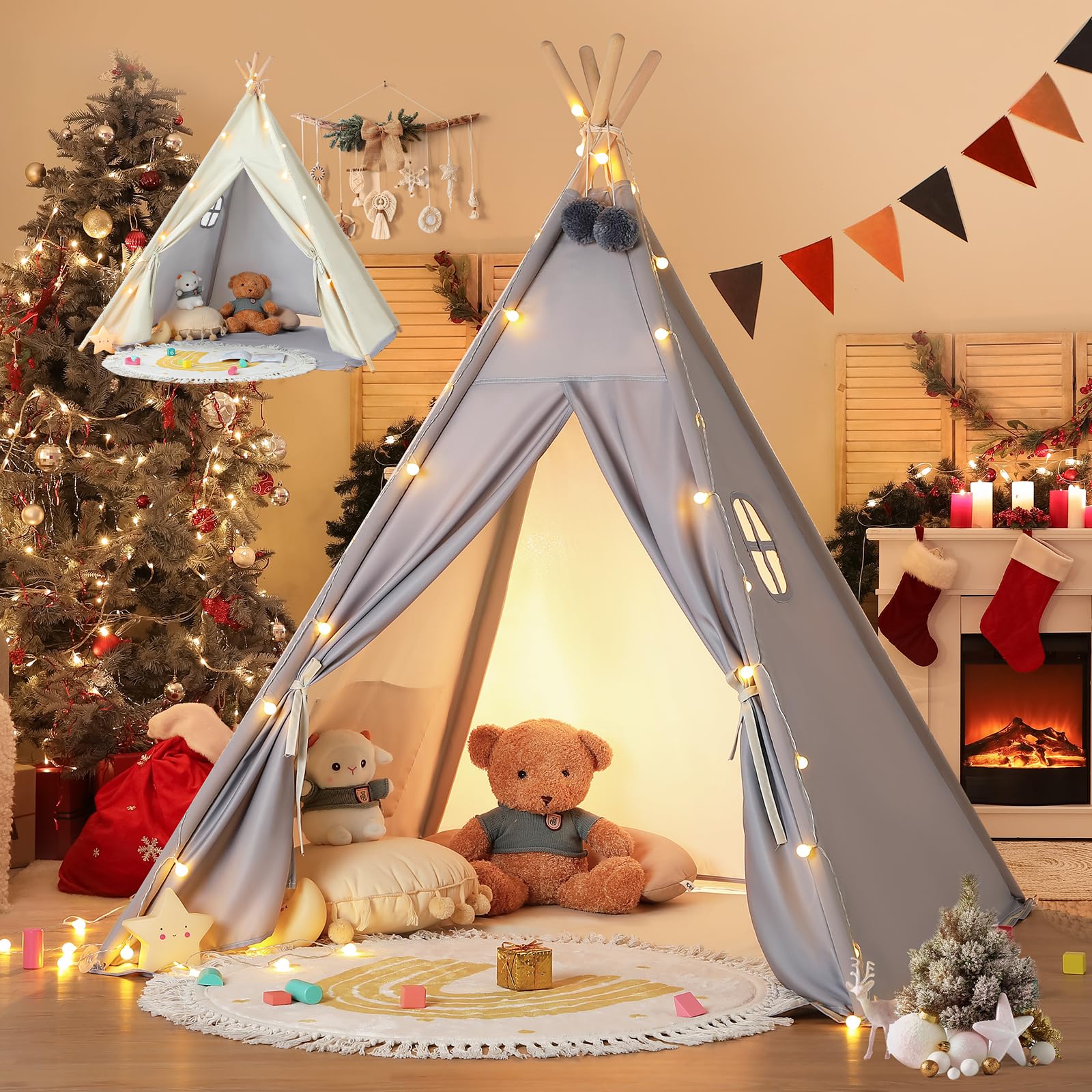 besrey 2 in 1 Teepee Tent for Kids with Mat, Kids Tents Indoor with Light, Large Tipi Tent with 2 Sided Design, Teepee Tent for Boys Girls, Toddler Reading Tipi