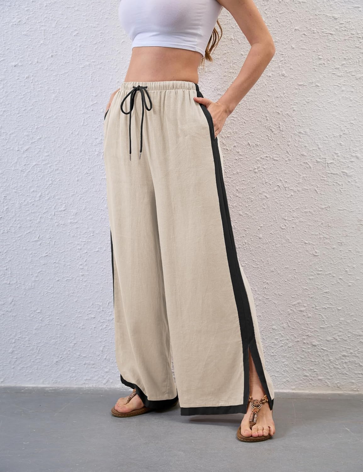 Xiaoxuemeng Linen Pnats Women Wide Leg Striped Capri Pants Casual Baggy Linen Trousers with Pockets - Image 8