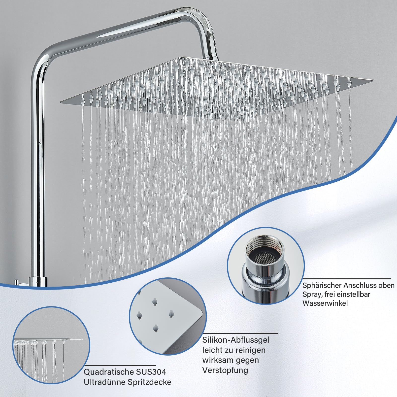 Regendusche Duschsystem Edelstahl Duscharmatur Ohne Armatur Set Duschstange mit brause Duschkopf mit Schlauch und Halterung 3 Strahlarten,30x30cm Eckig Kopfbrause Duschset,Chrom