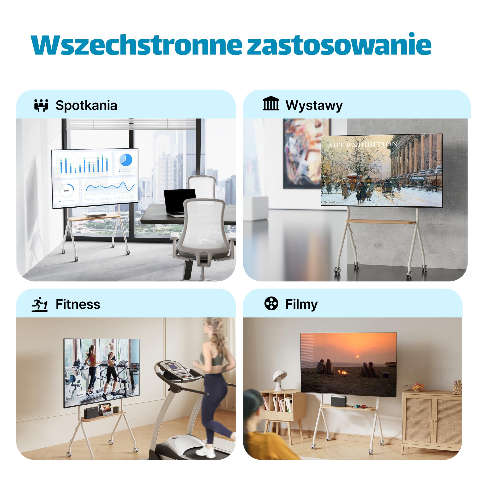 Mobilny stojak TV typu sztaluga do telewizorów 49–80 cali – wózek na kółkach z blokadą, regulowana wysokość, drewniane półki i system zarządzania kablami, VESA 600x400, kolor biały