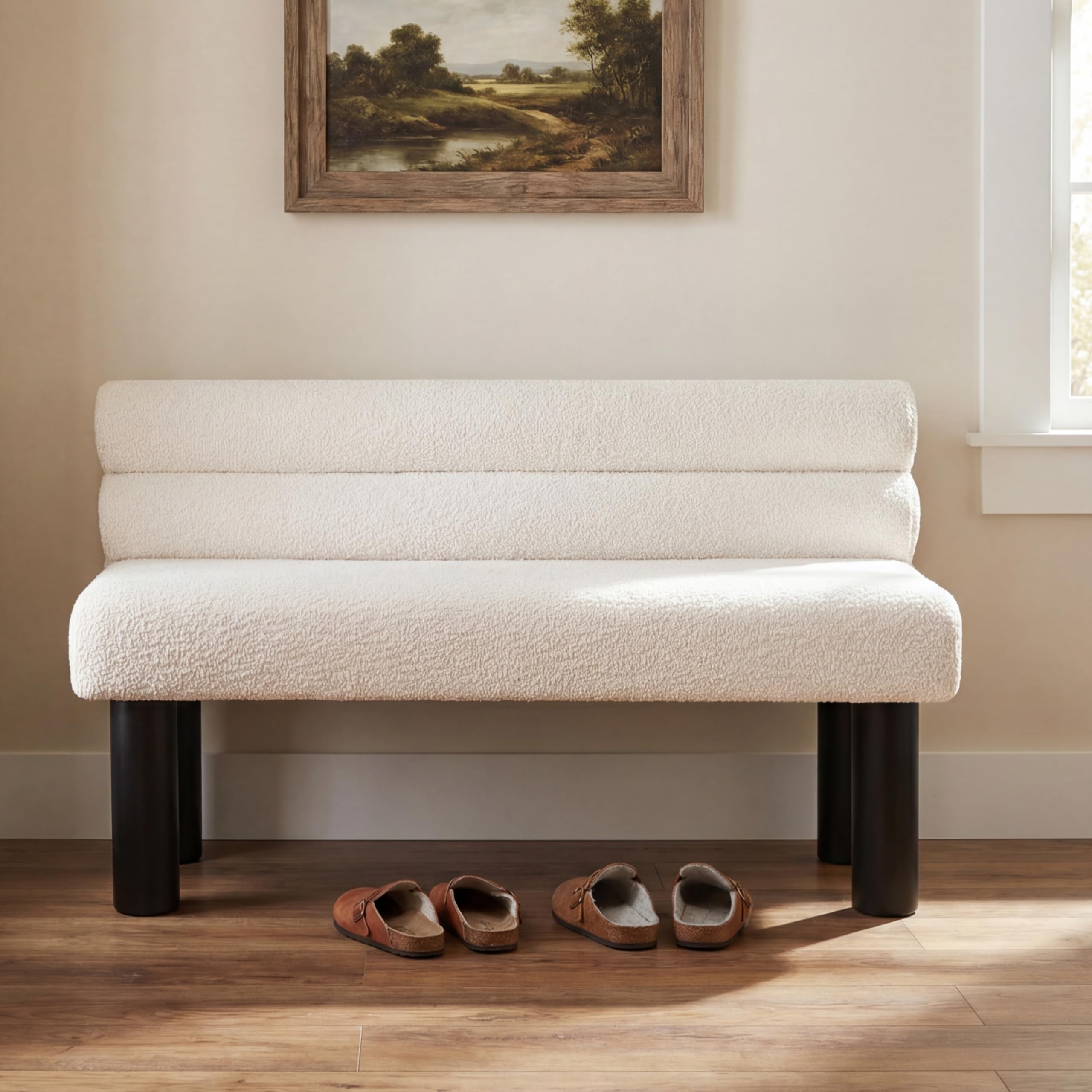 Photo 1 of Christopher Knight Home Wally Boucle Upholstered Dining Bench, Modern Large Dining Room Chair, Entryway Ottoman Bench, Bedroom End of Bed Seating, Armless Desing and Wooden Frame, Milky White+Black