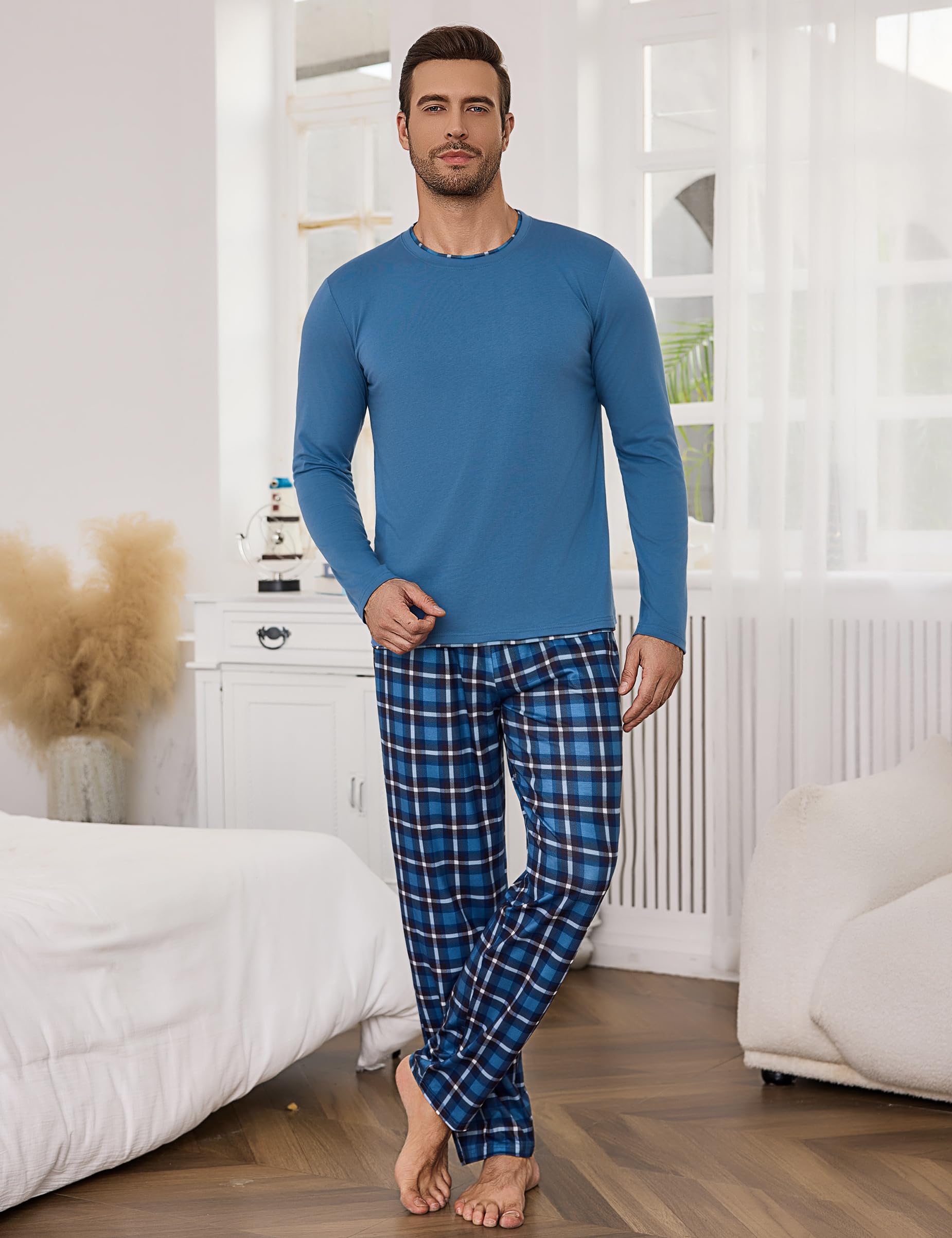 Litherday Pigiama Uomo Invernale Cotone Lungo Pajamas Due Pezzi Maniche Lunghe Pantaloni Lunghi Pigiami Morbido Loungewear con Tasche