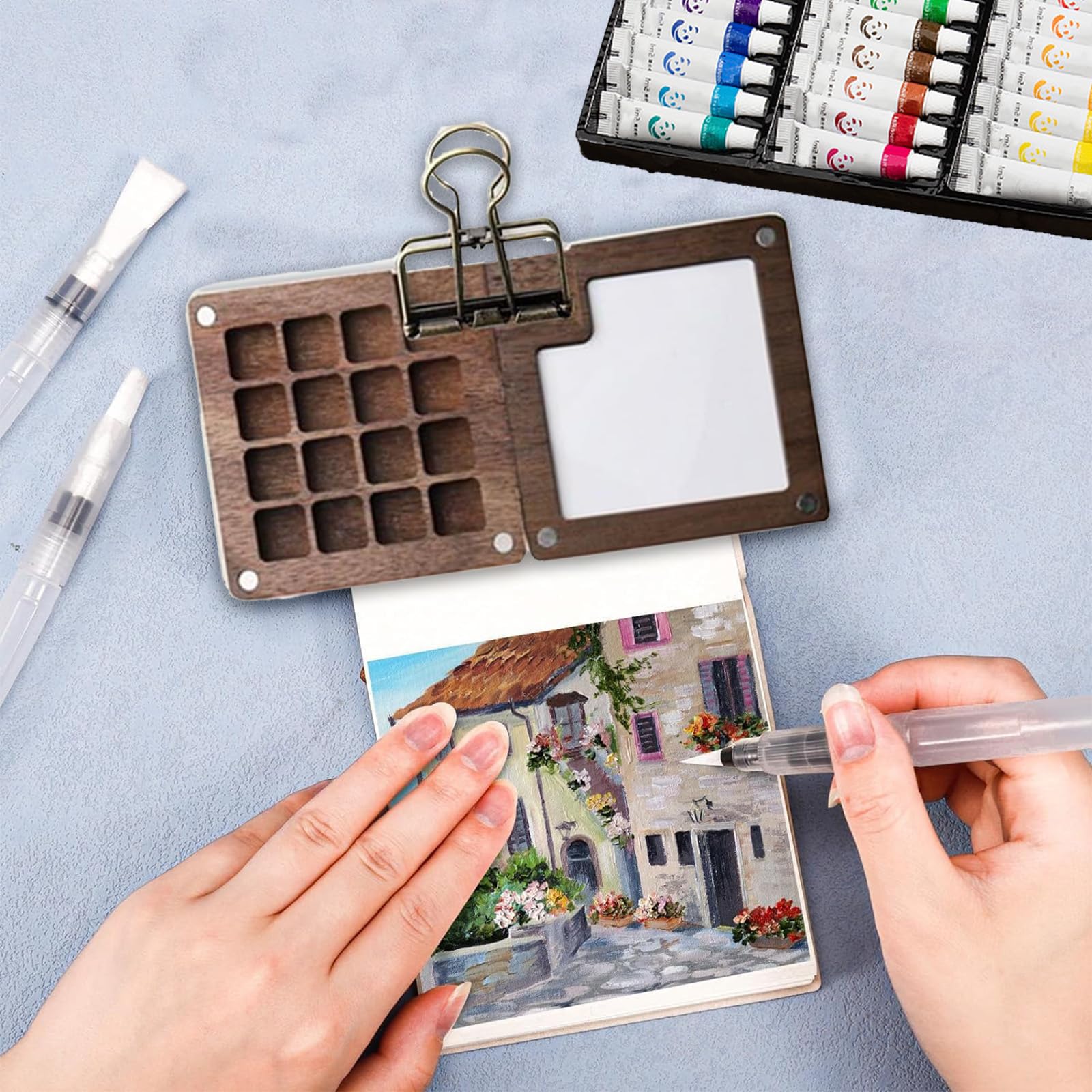 Noce Acquerelli da Viaggio 15 Griglie Tavolozza per Dipingere Magnetico Kit Pittura Include 24 Colori un Blocco da Disegno Pennelli e un Raccoglitore Set da Viaggio Portatile Pieghevole