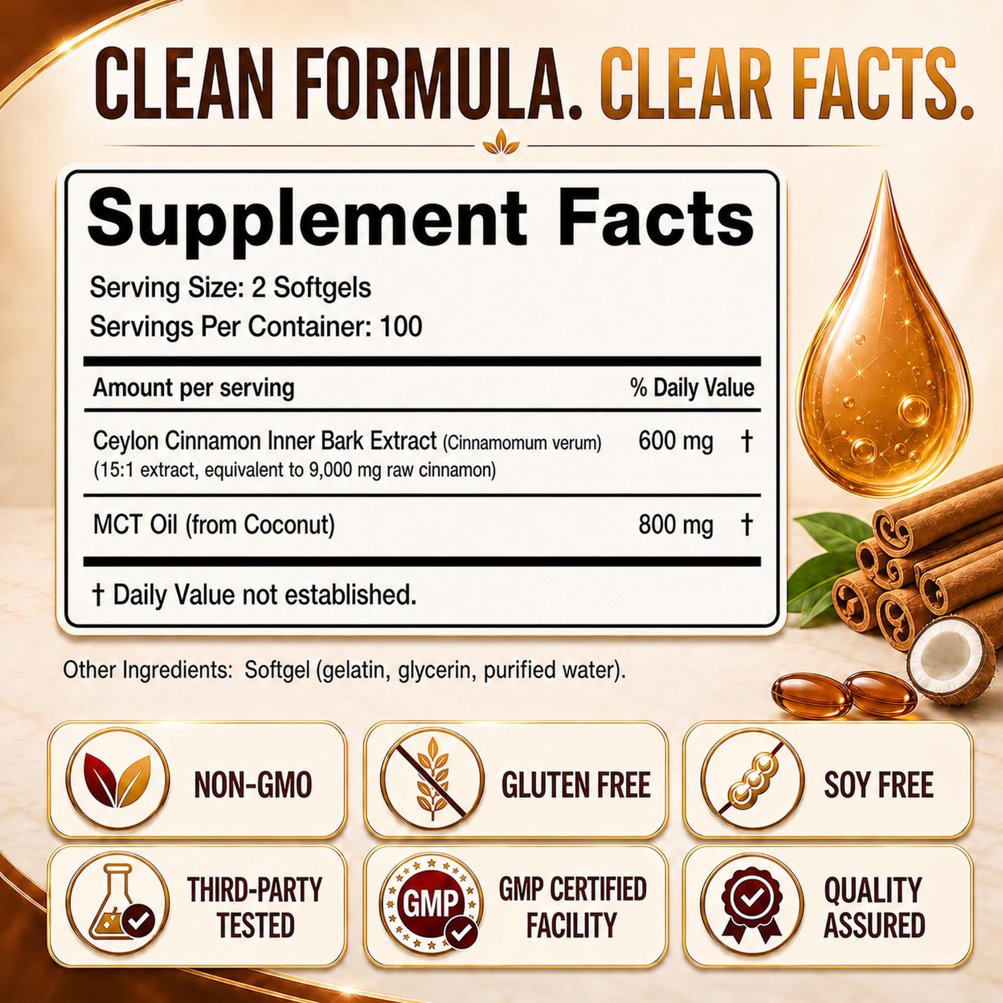 Ceylon Cinnamon with MCT Oil Softgels, 15:1 Sri Lankan Cinnamomum Verum Inner Bark Extract Supplement | Highly Bioavailable | Heart Health and Energy & Metabolism Support (1 Bag (200 Count)) — Amazon image 3