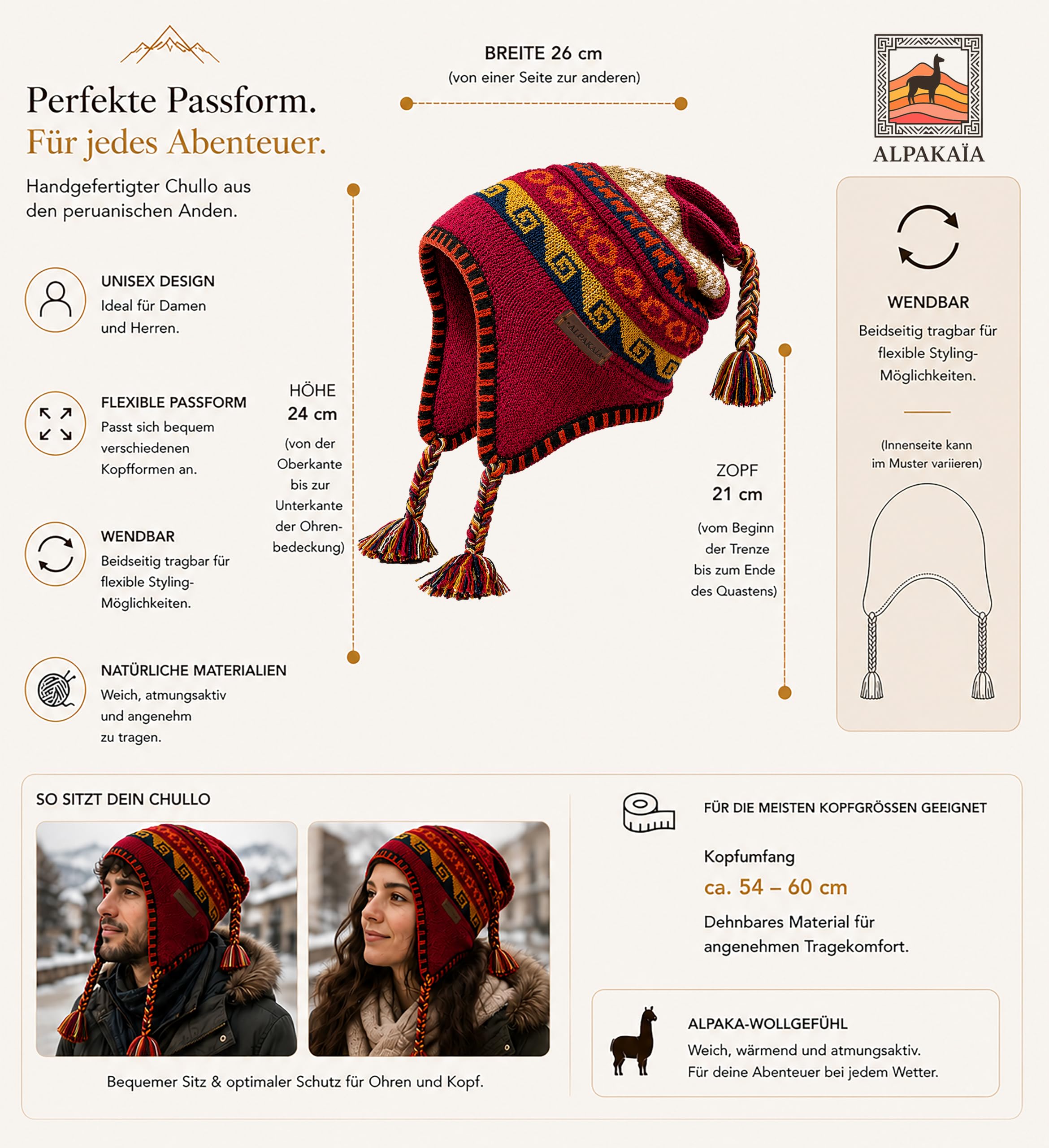 Alpaka Wollmütze Herren Damen – Warme Wintermütze aus Baby Alpaka – Handgemachte Ethno Strickmütze im Peru Stil mit Ohrenschutz für Outdoor, Ski, Reisen & kalte Wintertage – Weich & Atmungsaktiv