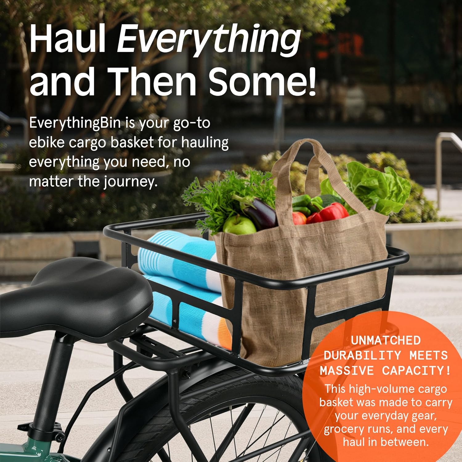 Retrospec EverythingBin Heavy-Duty Steel eBike Rear Basket with Water-Resistant Liner - Large Capacity Cargo Carrier for Electric Bikes (13x18x5.7)