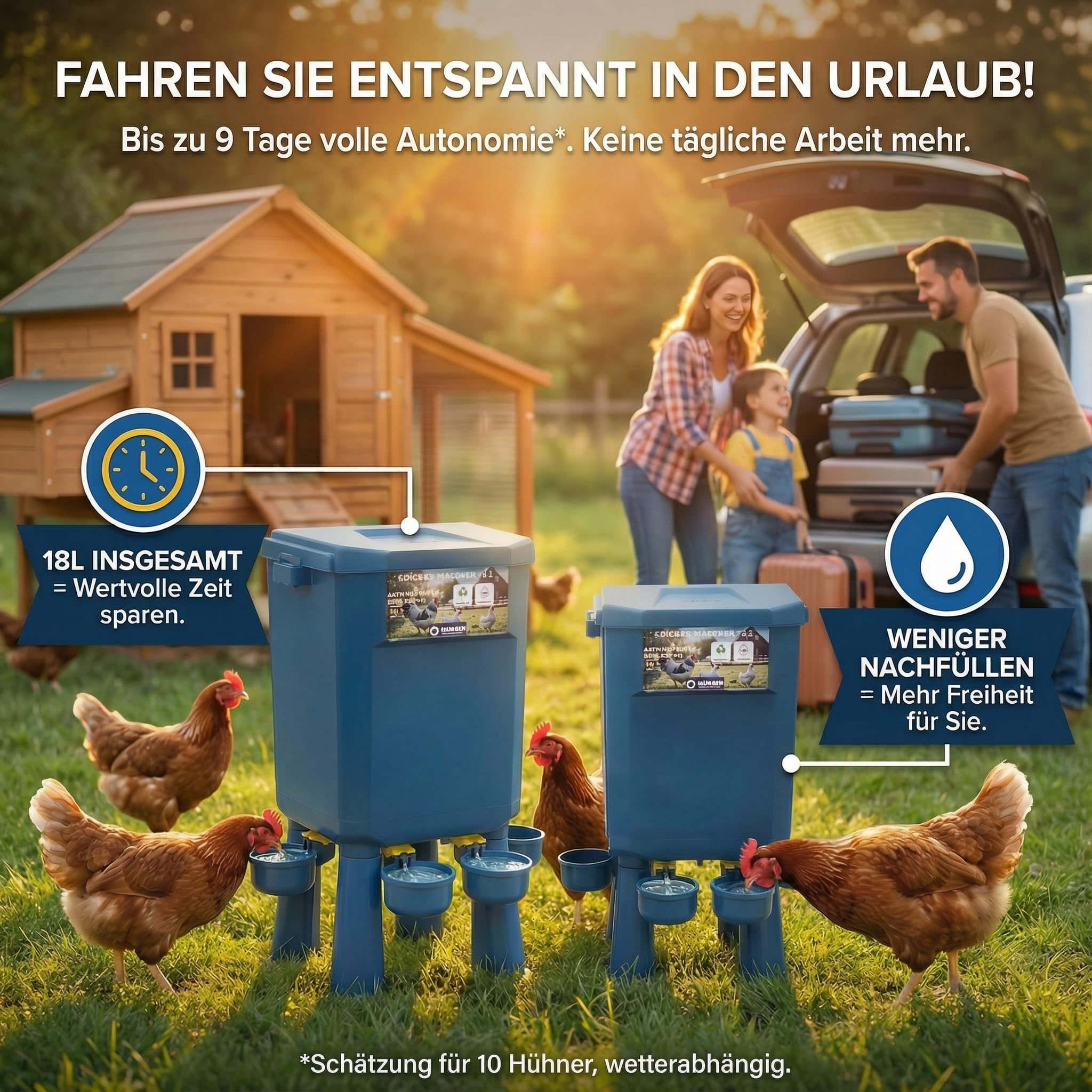 Kit 2 Hühner-Tränken 11L/7L – Wasser sparend, Automatikventil, Null Konflikte in Multi-Gehegen, Anti-Cyanobakterien, Ideal für Mikro-Farmen & Hobbybetriebe, BPA-frei, Langlebige Materialien