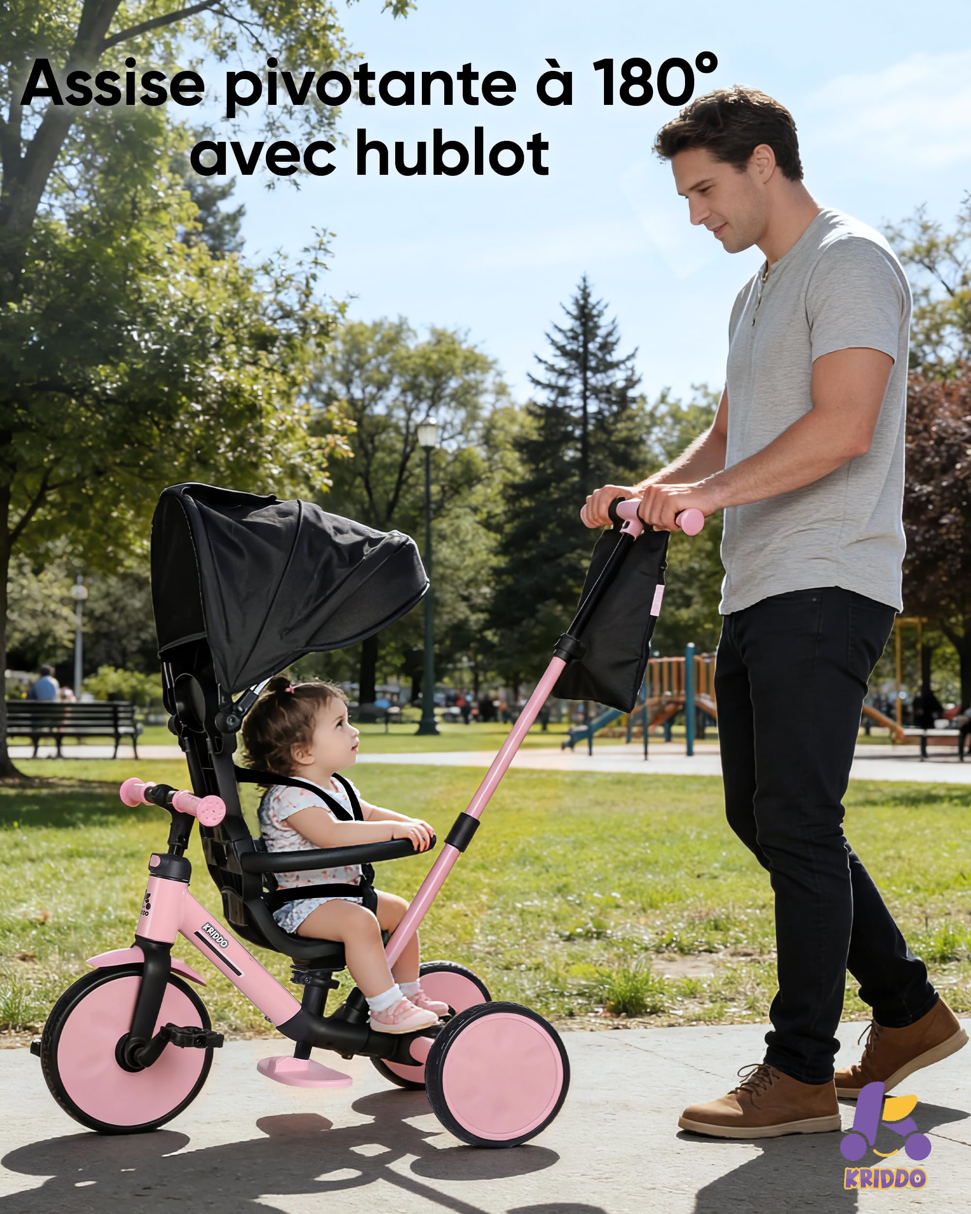 KRIDDO Tricycle évolutif 8-en-1 pour Enfants de 18 Mois à 5 Ans, avec poignée parentale, Modes Tricycle et draisienne, Harnais de sécurité à 5 Points, Capote Pliable et Sac de Rangement, Rose