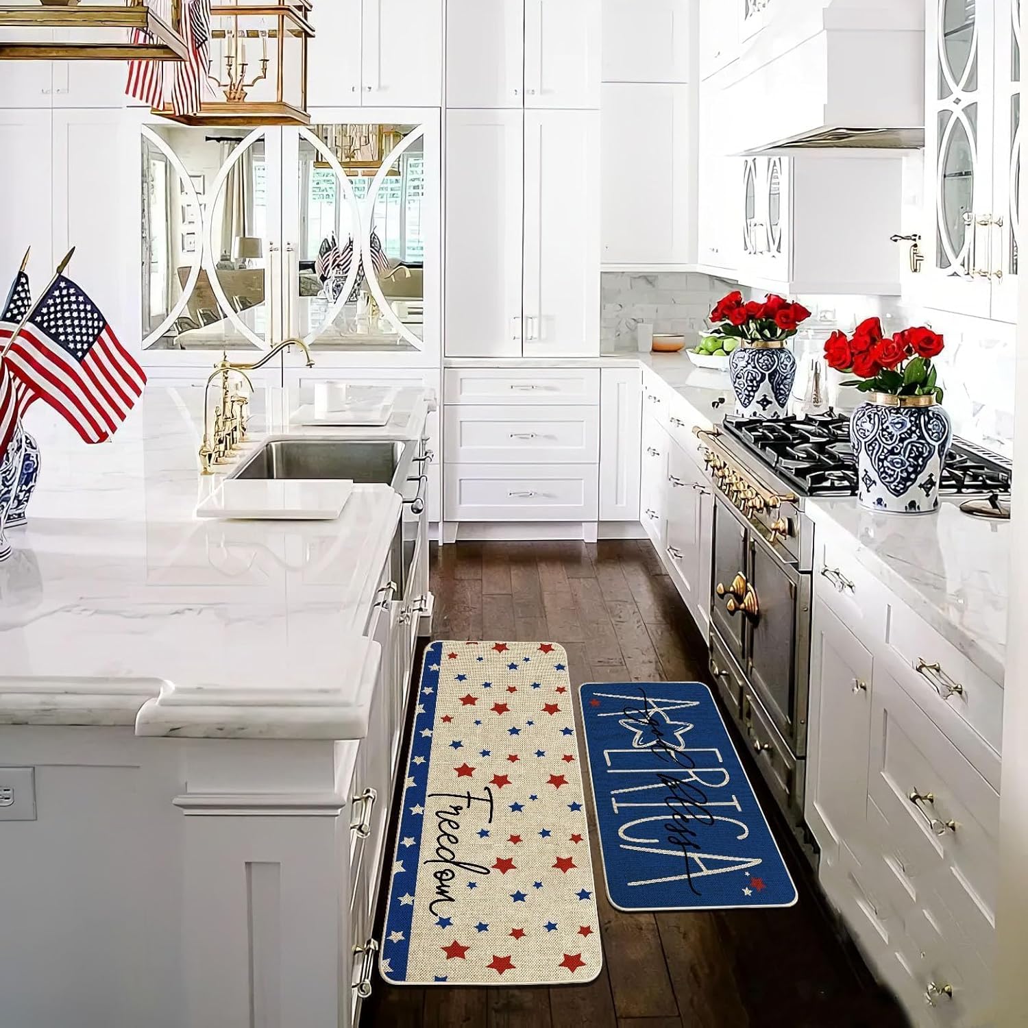 Baccessor Memorial Day Patriotic Kitchen Mats Set of 2, 4th of July Independence Day Kitchen Rugs for Floor Low-Profile Holiday Home Decor 17x29 and 17x47 Inch
