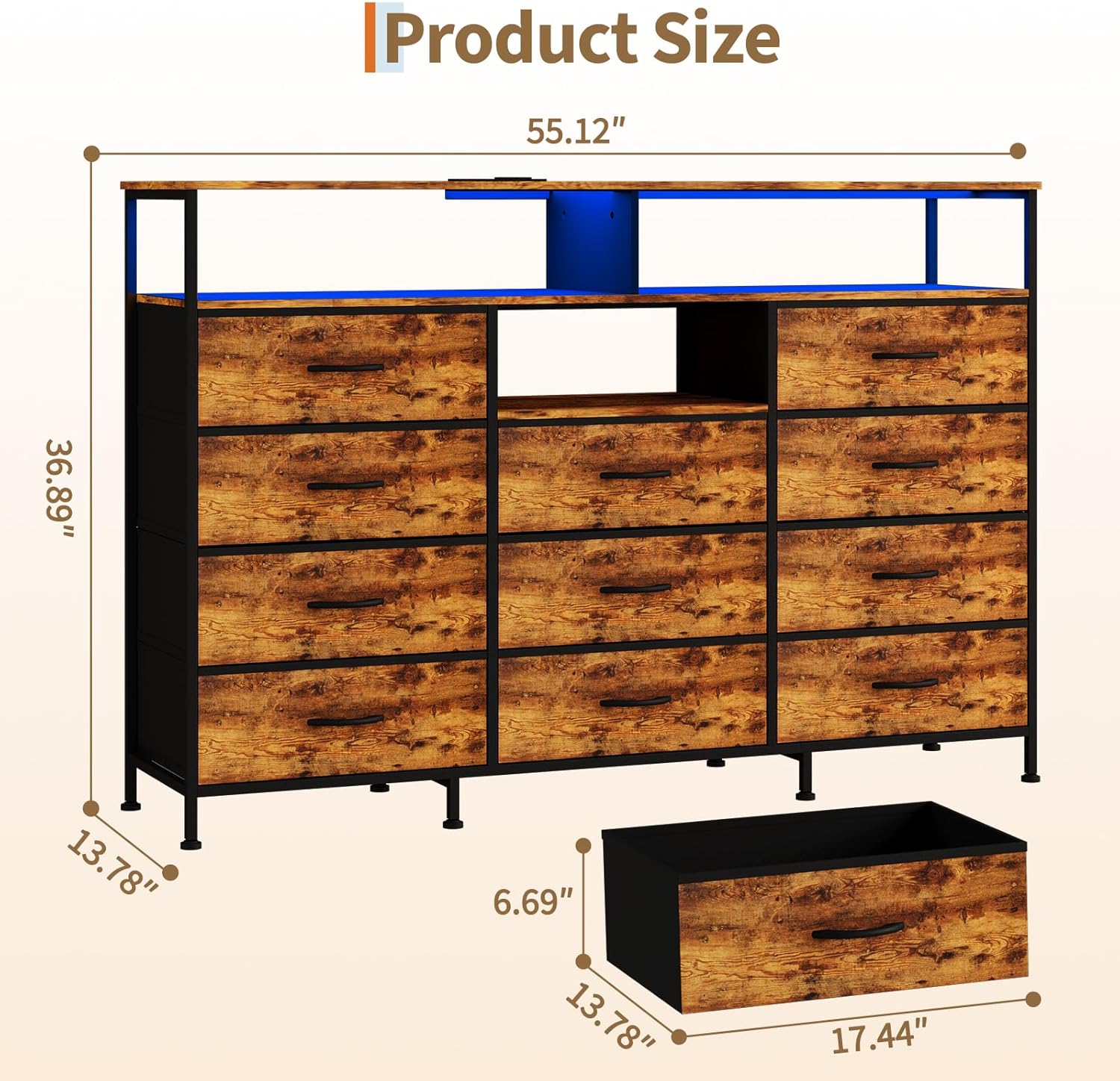 Dresser for Bedroom with LED Lights & Charging Station, 11 Drawer Dressers & Chests of Drawers, Steel Frame, Wood Top, 55 ” Fabric Dresser TV Stand for Bedroom,Hallway, Storage Organization, Entryway