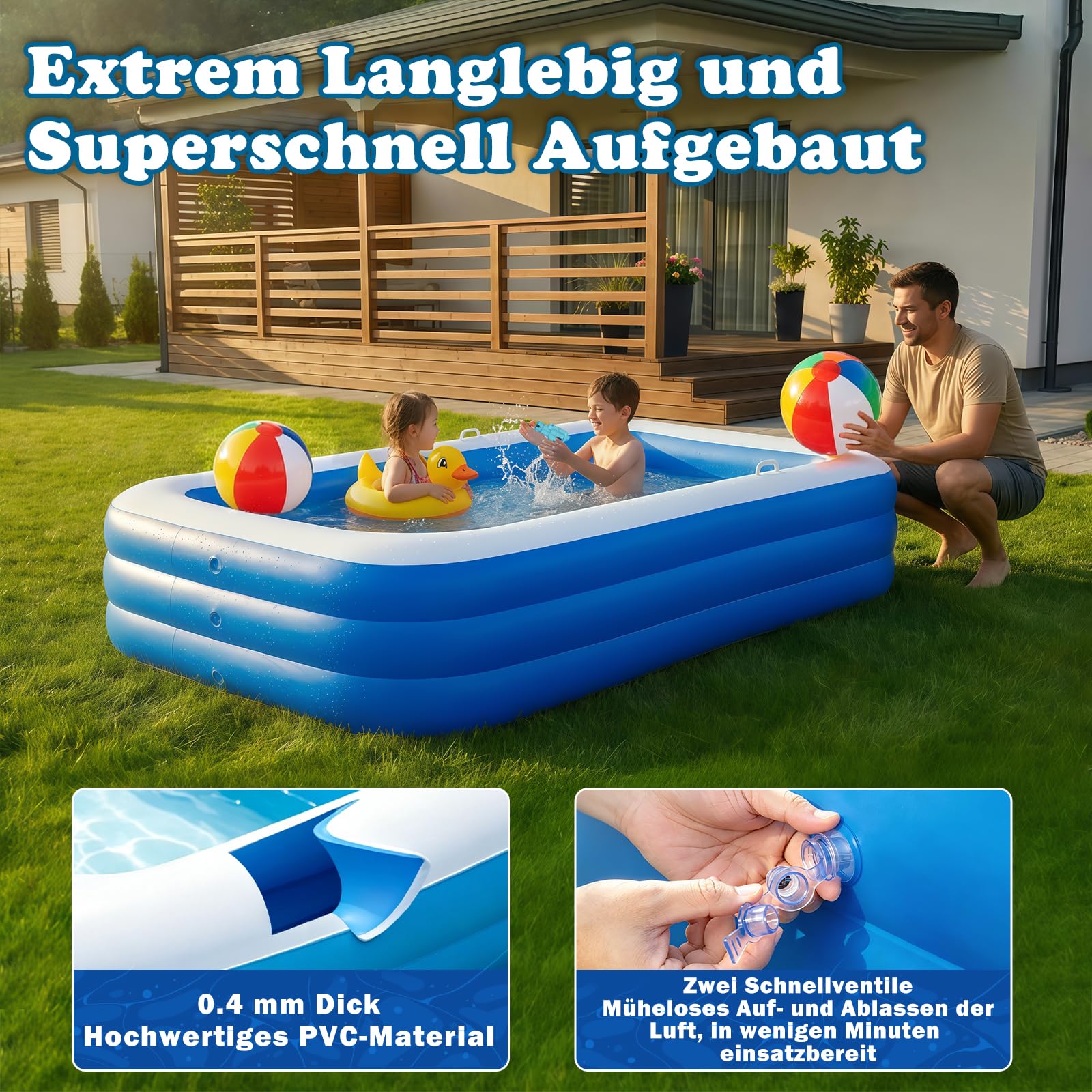 Planschbecken für Kinder, Aufblasbarer Planschbecken Rechteckig mit 2 Beachball und 2 Mini-Wasserpistole, Verdickter Swimmingpool Kinder für Garten, Outdoor, Sommer-Wasserpartys (Blau)