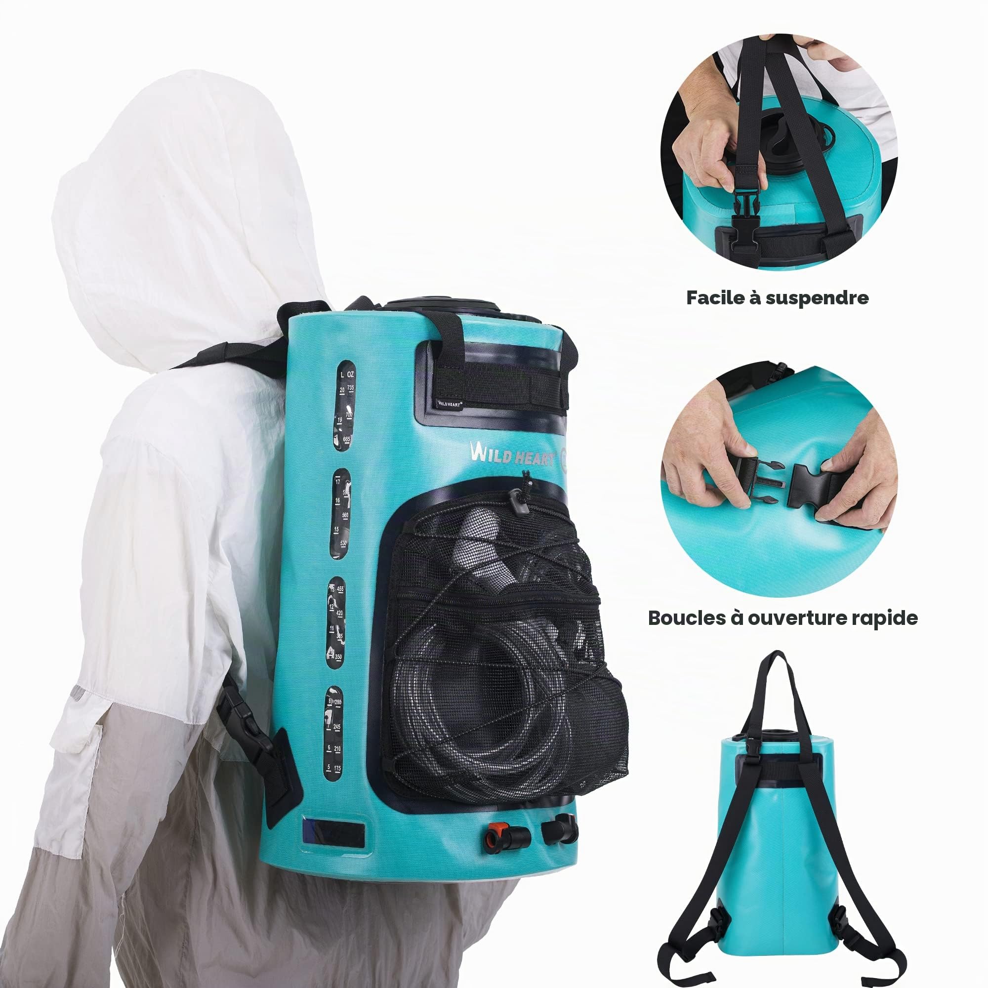 WILD HEART Douche Camping Portable 5,8 Gallons/22 L Sac de Douche Portative Portative avec Pompe à Pied à Pression et Buse Pratique, Douche Solaire Pression pour la Plage, Le Camping