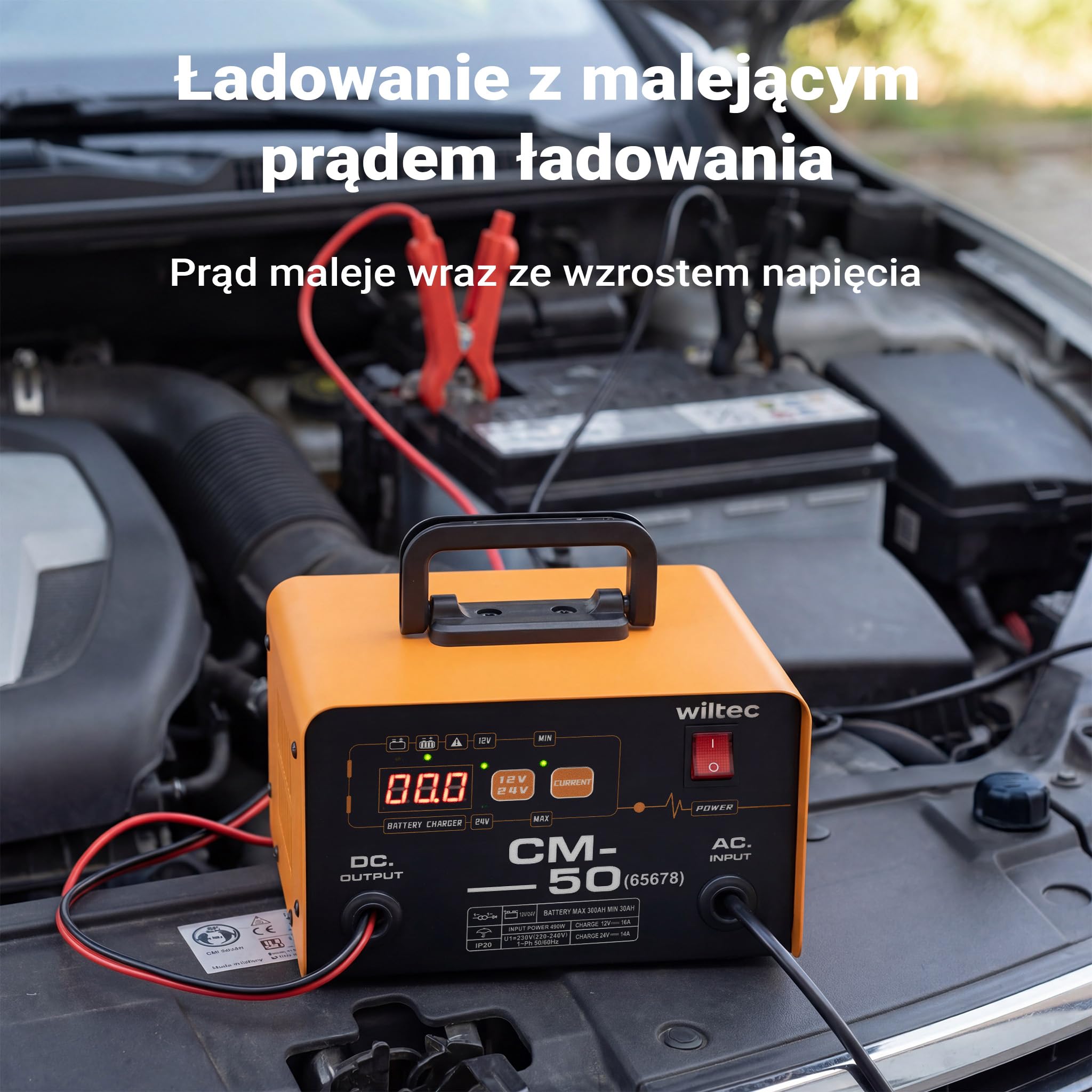 Wiltec Prostownik do auta 12-24 V, 16 Ah, 30-300 Ah do akumulatorów samochodowych i motocyklowych, rozruch 490 W, inteligentna ładowarka z wyświetlaczem LCD i uchwytem