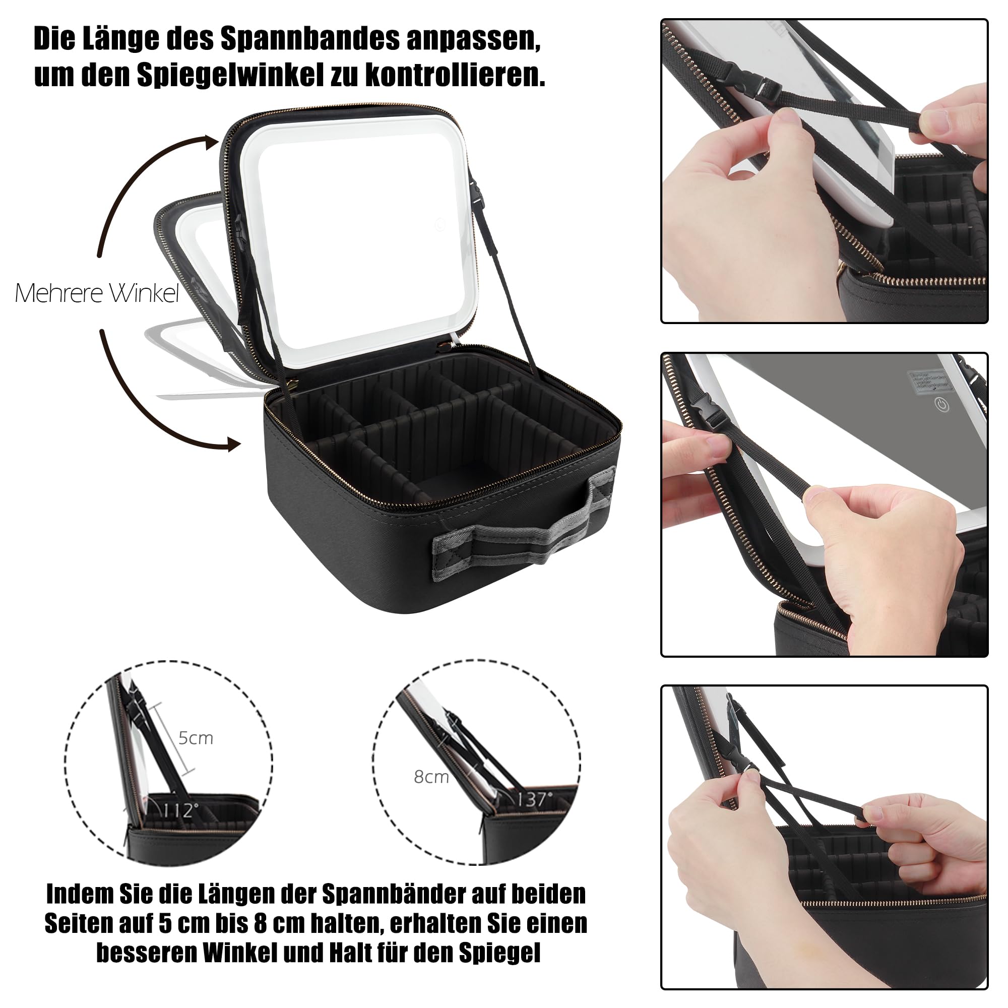 MOMIRA Reise-Make-up-Tasche Kosmetiktasche mit beleuchtetem Spiegel, Einstellbarer Helligkeit in 3 Farbszenarien, wasserdichte Makeup-Trainingsbox, Geschenk für Frauen - Schwarz