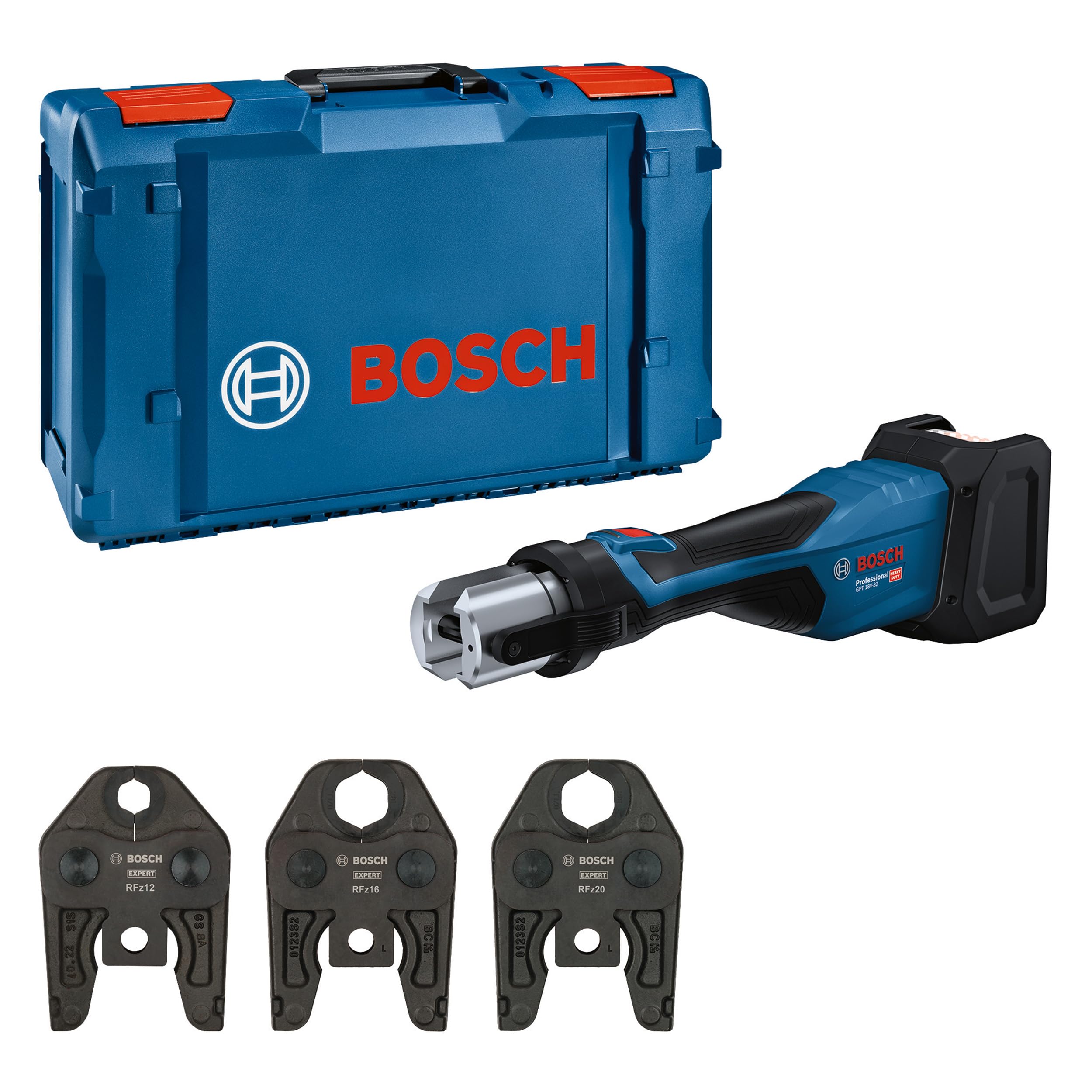 Bosch Professional 18V System Herramienta de Prensado a Batería GPT 18V-32 (32 kN, conect. plástico hasta 110 mm, metal hasta 54 mm, con mesa mordaza prensa RFz12, RFz16, RFz20, XL-BOXX)