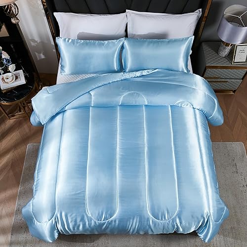 Miniatura 5 de Juego de edredón blanco de satén, edredón de plumón alternativo blanco plateado, relleno de poliéster sedoso de lujo, edredón de cama de satén de