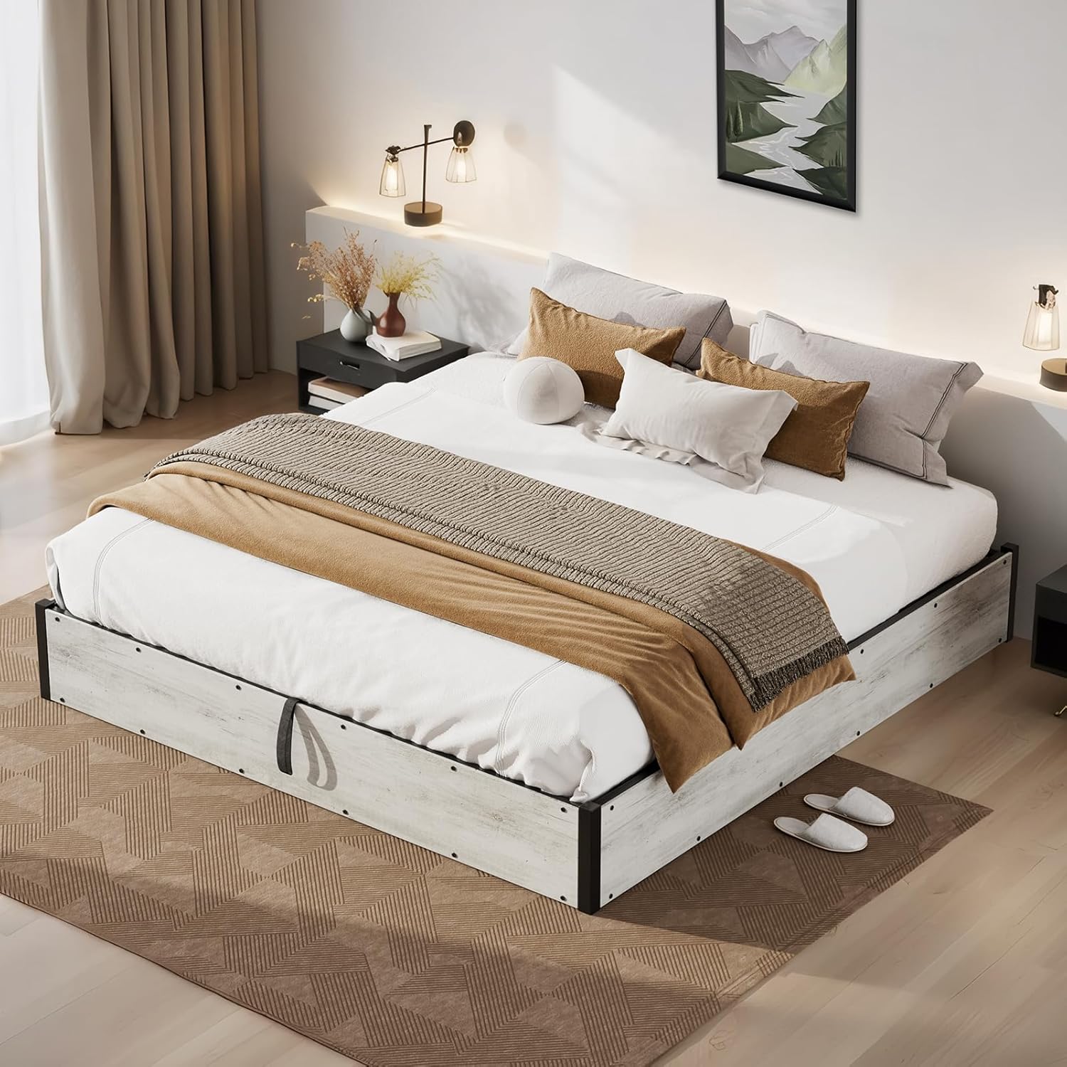 YUMPIE Lift Up Storage Bed Frame, Full Size Wooden Platform Bed with Large Storage Underneath, No Box Spring Needed, Noise Free, Distressed White