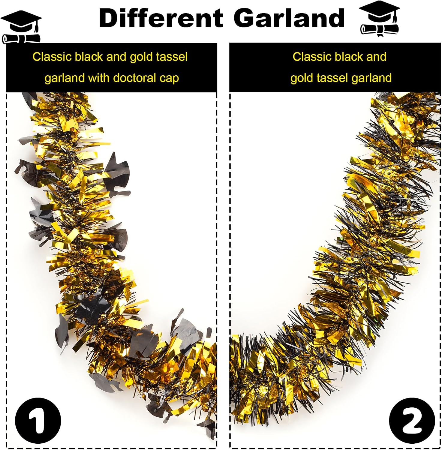 Graduation Party Black & Gold Garland Decor 2 String-Black Gold Tassel Garlands Total 32.8Ft - Each 16.4Ft Glittering Gold Garland for Graduation Party Tree Mantle Indoor Outdoor Holiday Home