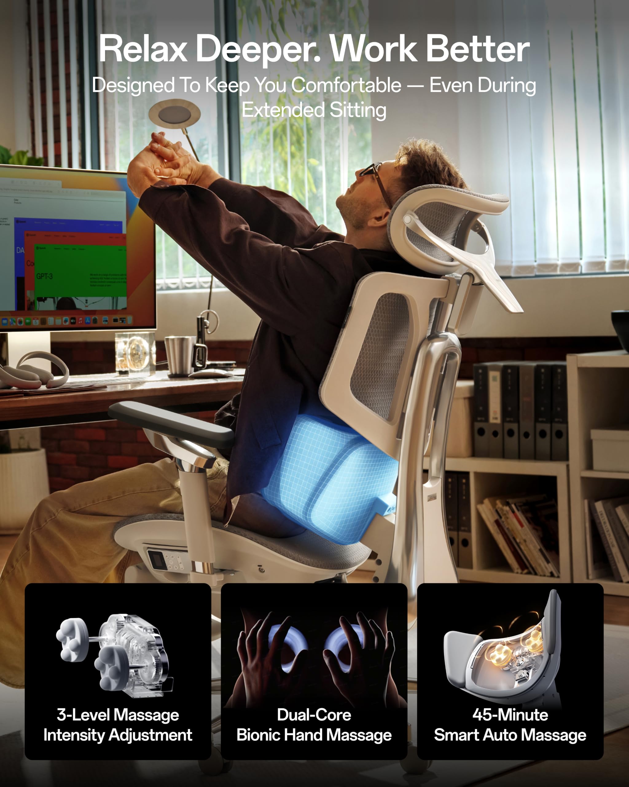 Hbada X7 Inteligentne krzesło biurowe i ergonomiczne krzesło do biurka, z automatycznym śledzeniem lędźwiowym, regulowanym zagłówkiem 4D, podłokietnikami regulowanymi w zakresie 720°, szare