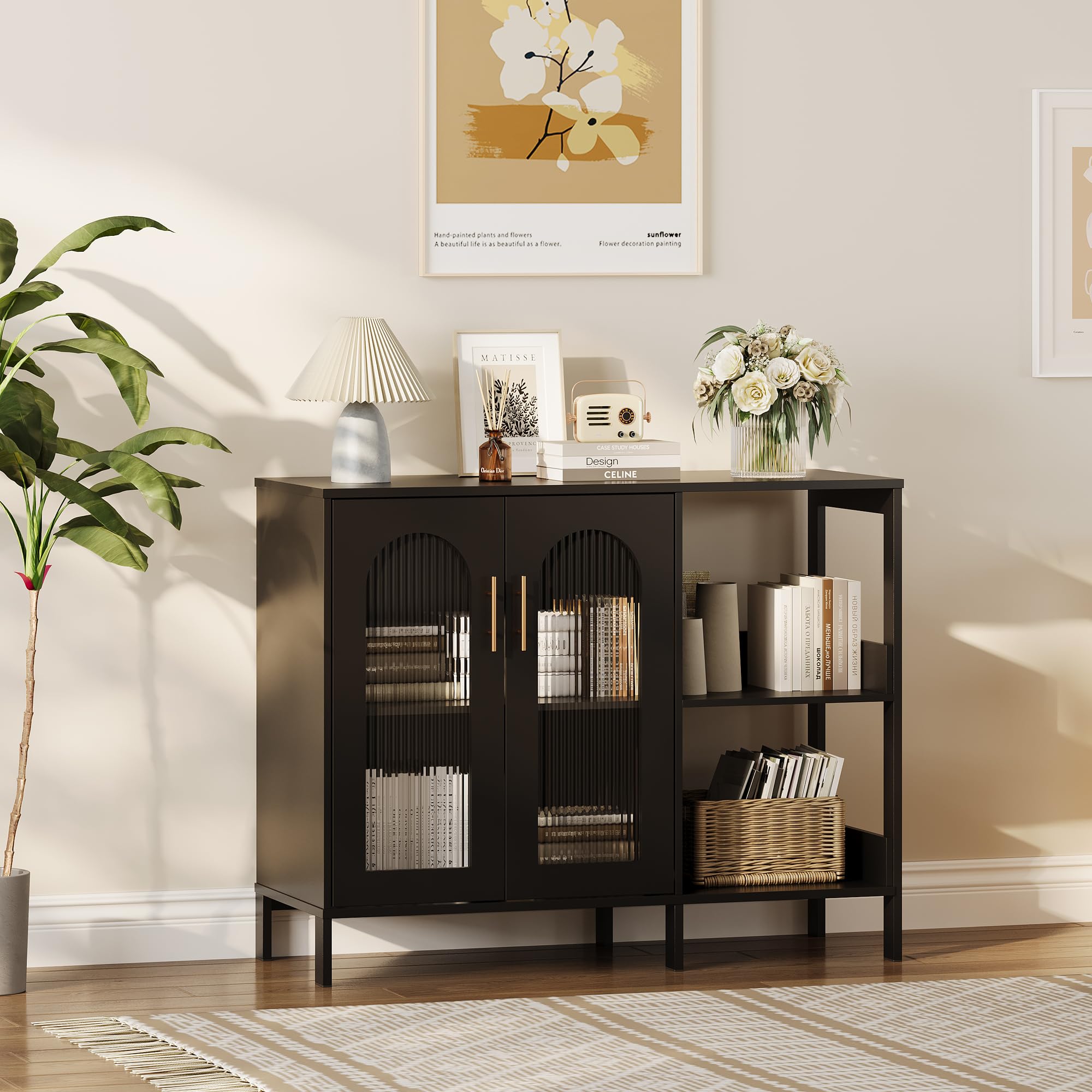 Metallschrank Mit Glastüren, Sideboard Küchenschrank, Glas Vitrine Schrank Mit Verstellbarem Regal, Anrichte Schrank Für Küche Esszimmer Wohnzimmer, 100 x 40 x 80 cm, Schwarz