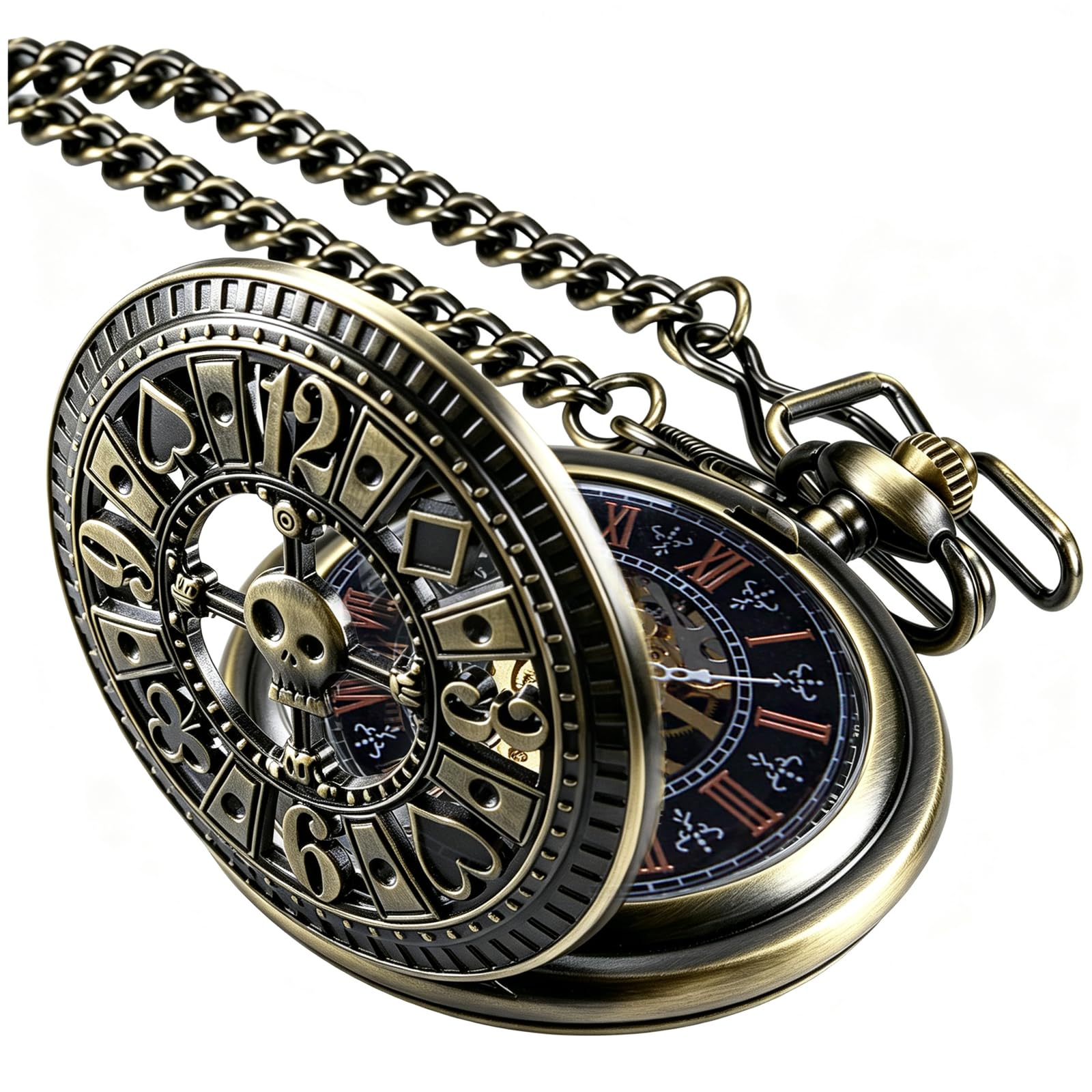 Men's Mechanical Hollow Design Hand Wind Pocket Watch Roman Numerals Steampunk with Chain Box