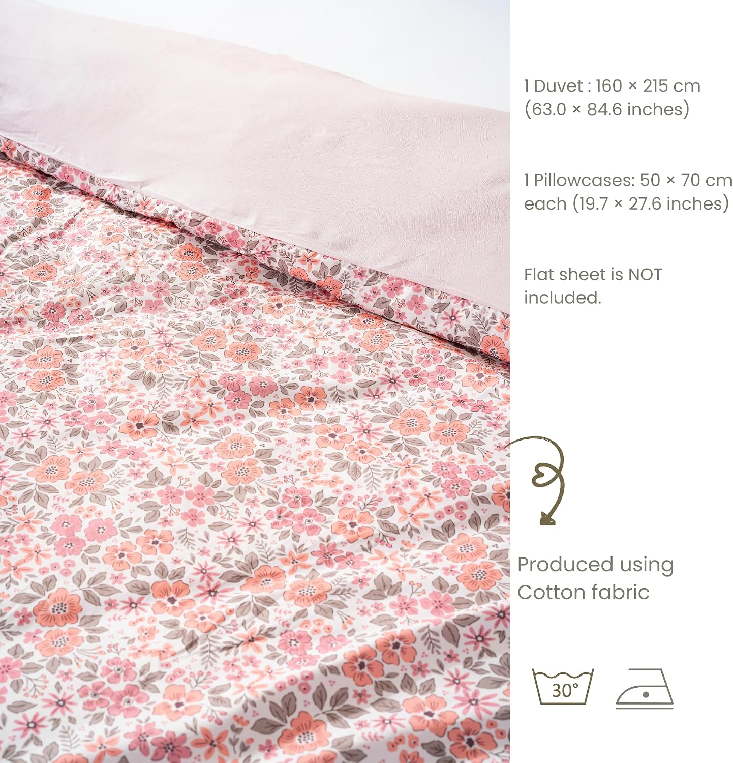 Cotton Duvet Cover Set for Full, Queen & King Beds | 3 Piece Bedding Set with Duvet Cover and Pillowcases, Soft Breathable Bed Linen for Adults & Couples (Pink Spring, 63.0 × 84.6 inch)